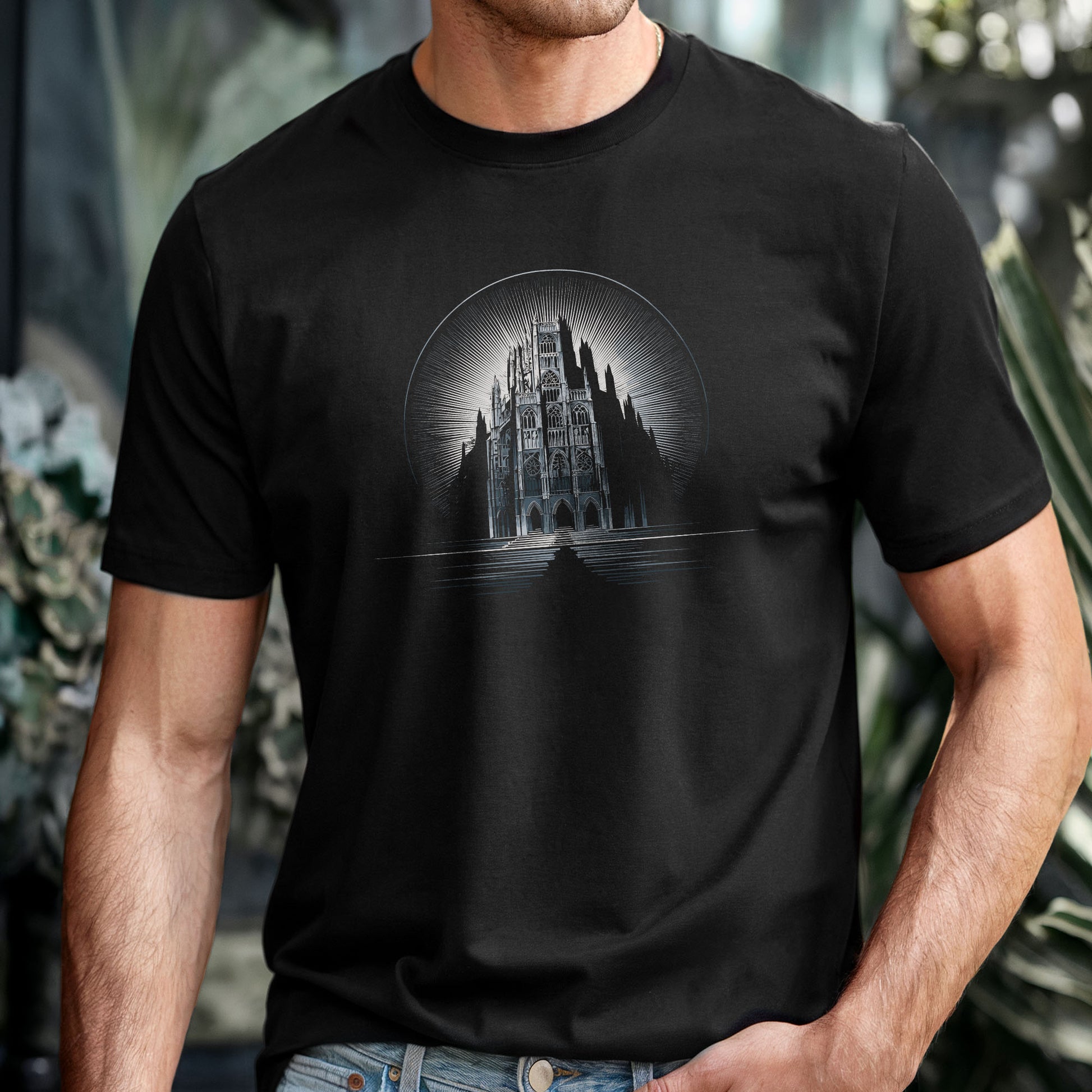 Dark art medieval church tee with atmospheric lighting
