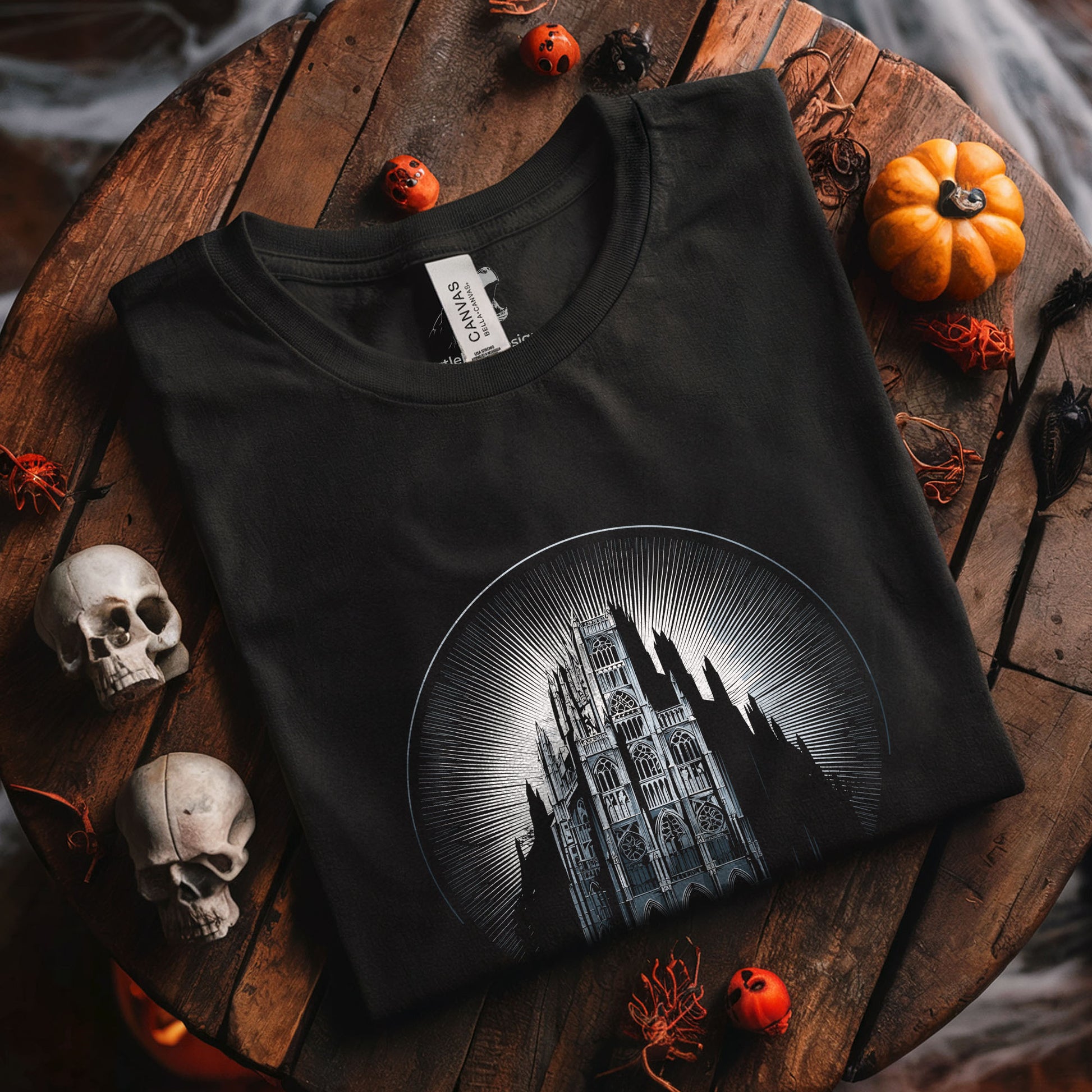 Dark art medieval church tee with atmospheric lighting