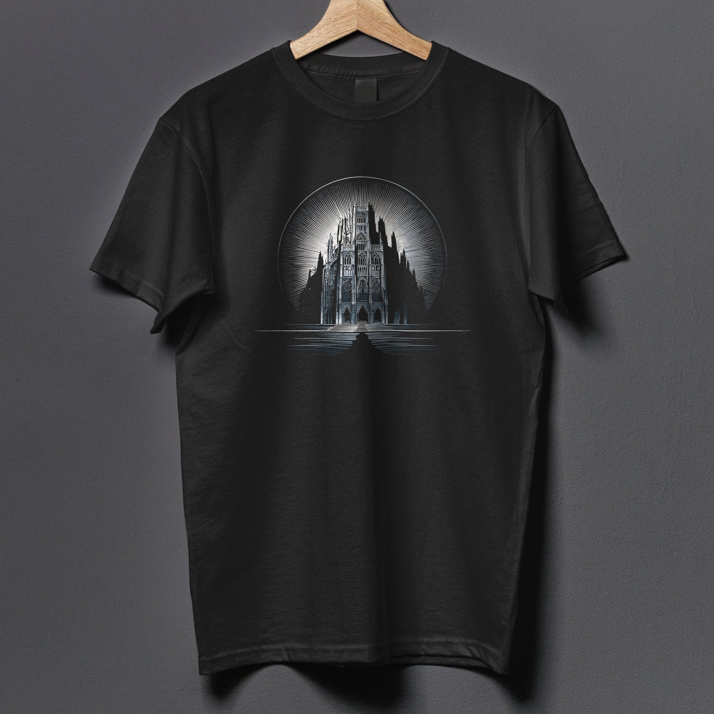 Spooky cathedral shirt with radiant moon background