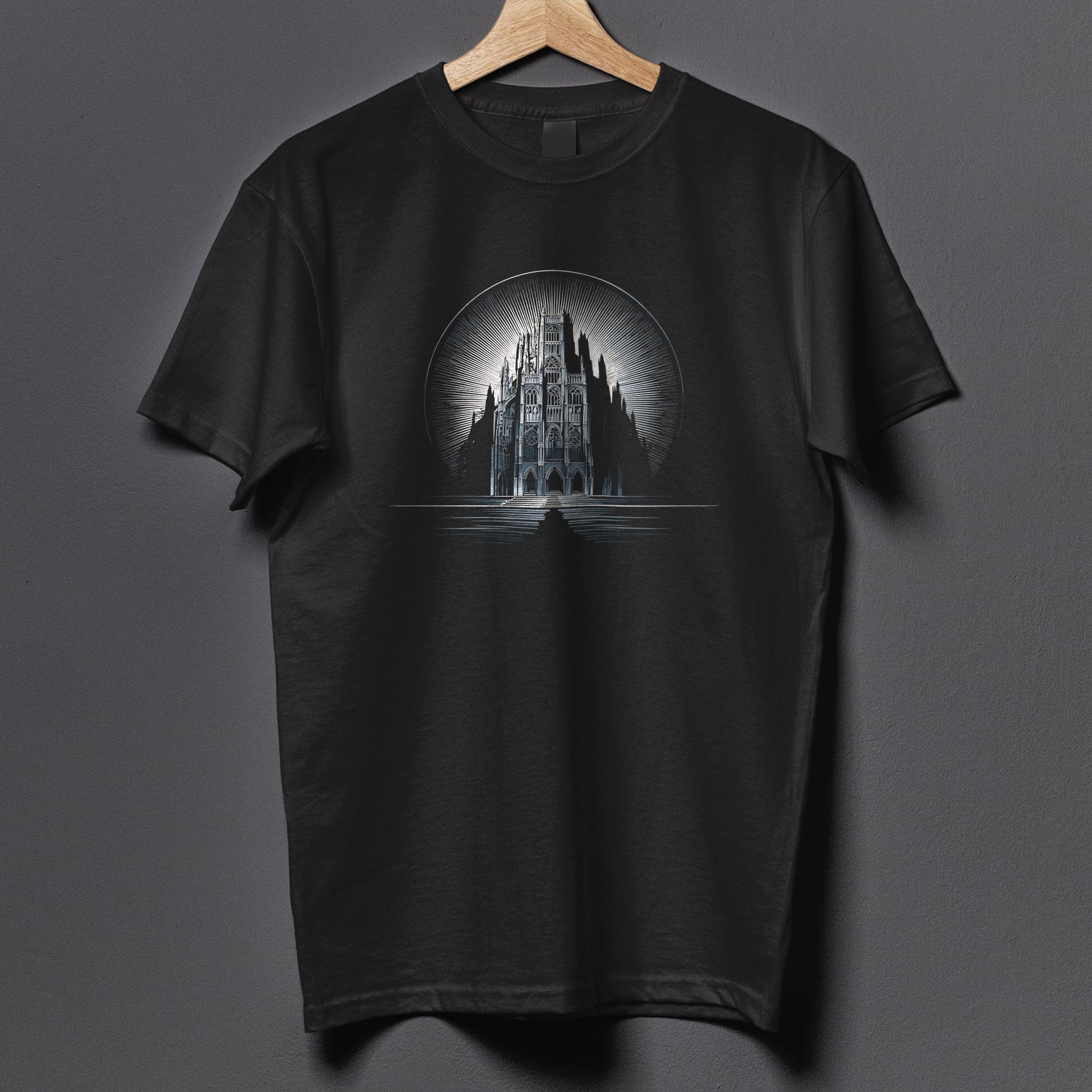 Spooky cathedral shirt with radiant moon background
