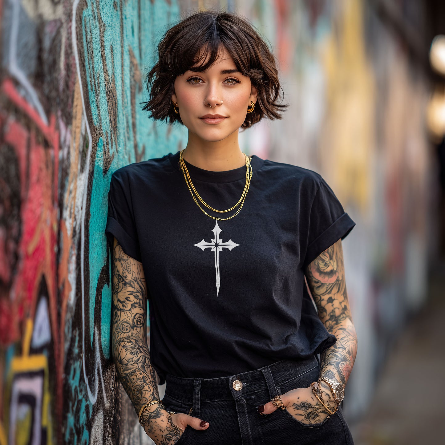Black cotton t-shirt with white cross graphic for gothic streetwear style