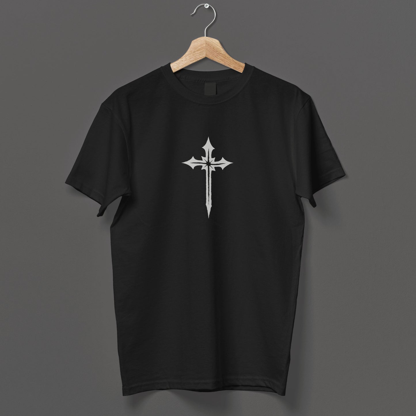 Gothic fashion tee with elegant white cross design on black fabric