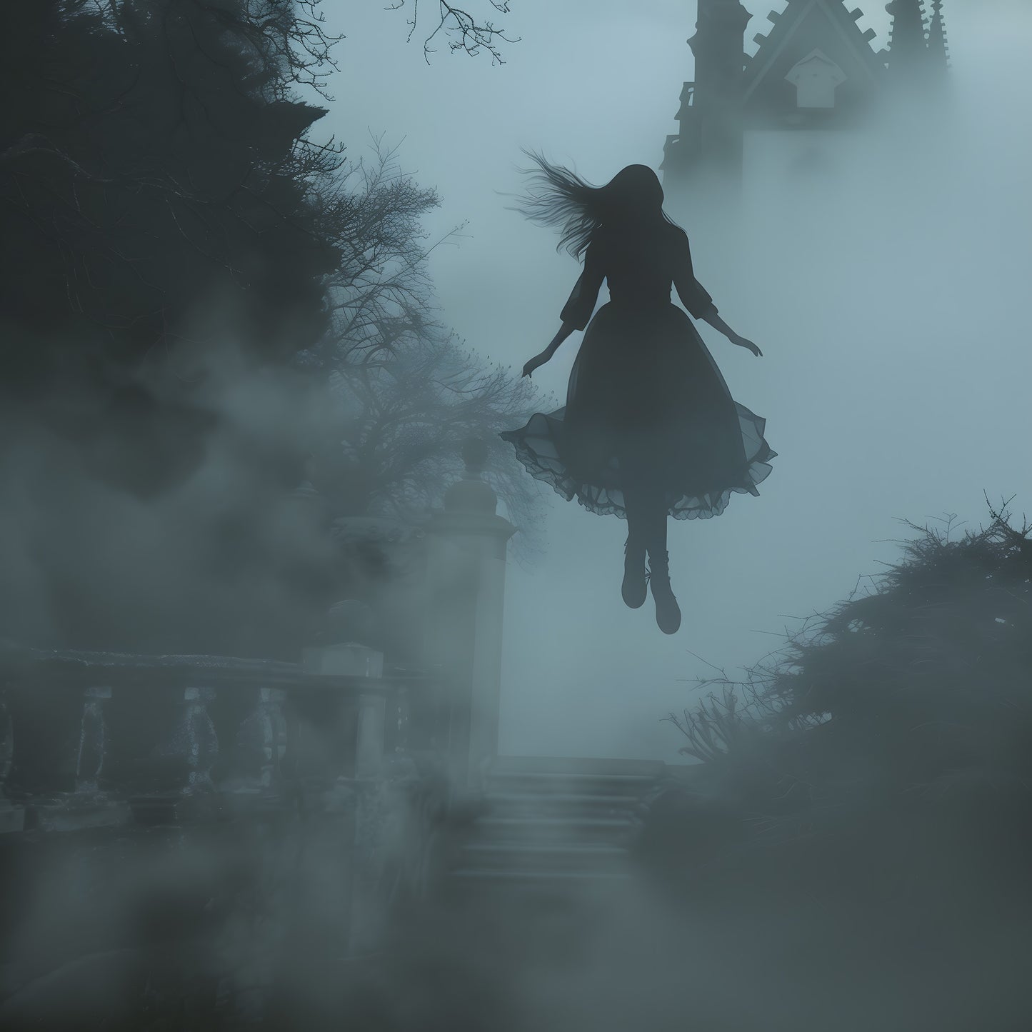 Gothic Levitating Young Female Ghost in Dark Park - Wall Art Poster