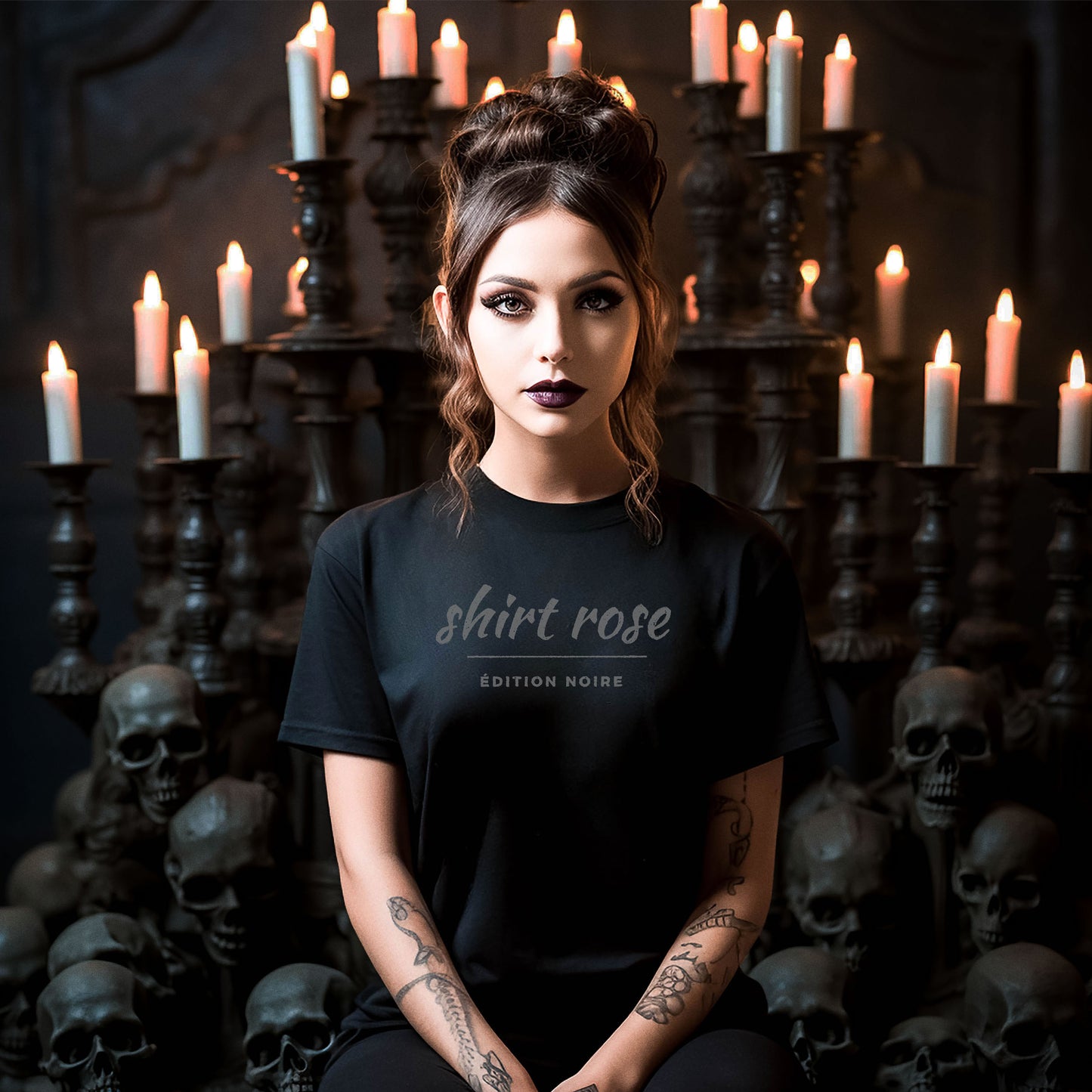 Model wearing the Gothic French Tee, Shirt Rose Édition Noire graphic centered on chest