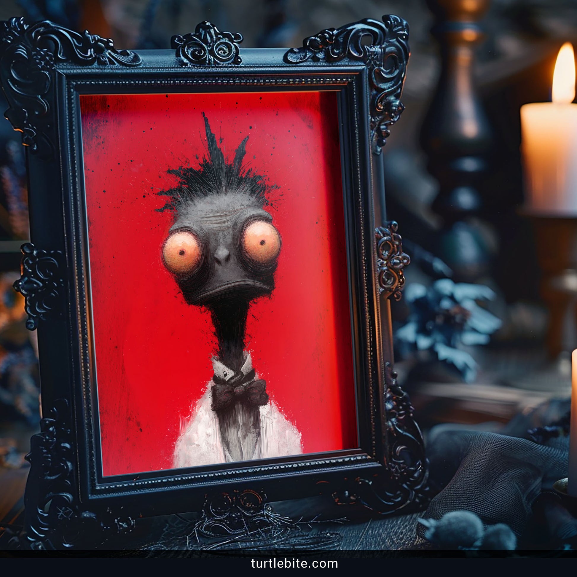 Dark fantasy bird illustration with haunting stare and blood-red dramatic backdrop