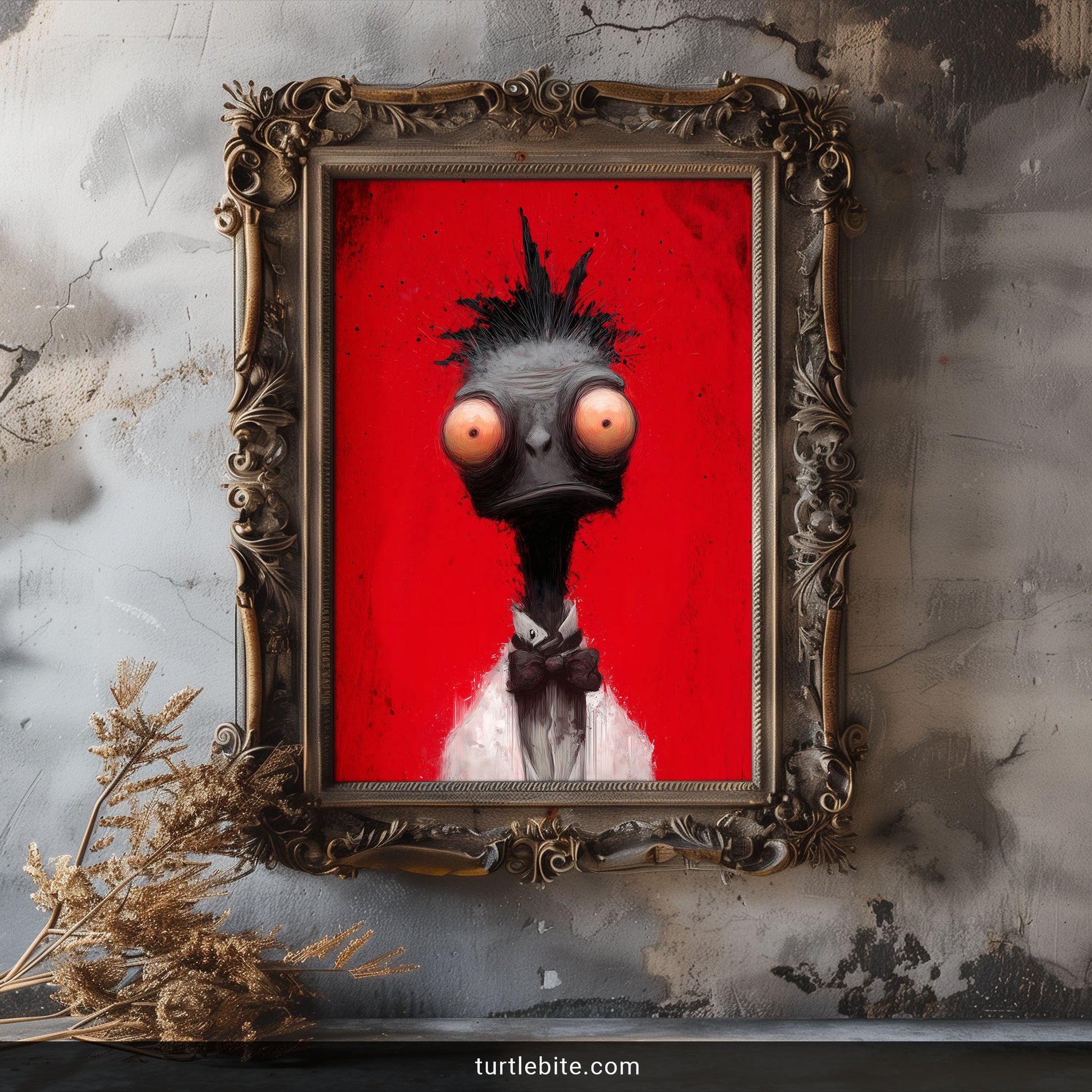 Surreal dark art print featuring formal dressed bird with dramatic red and black color scheme