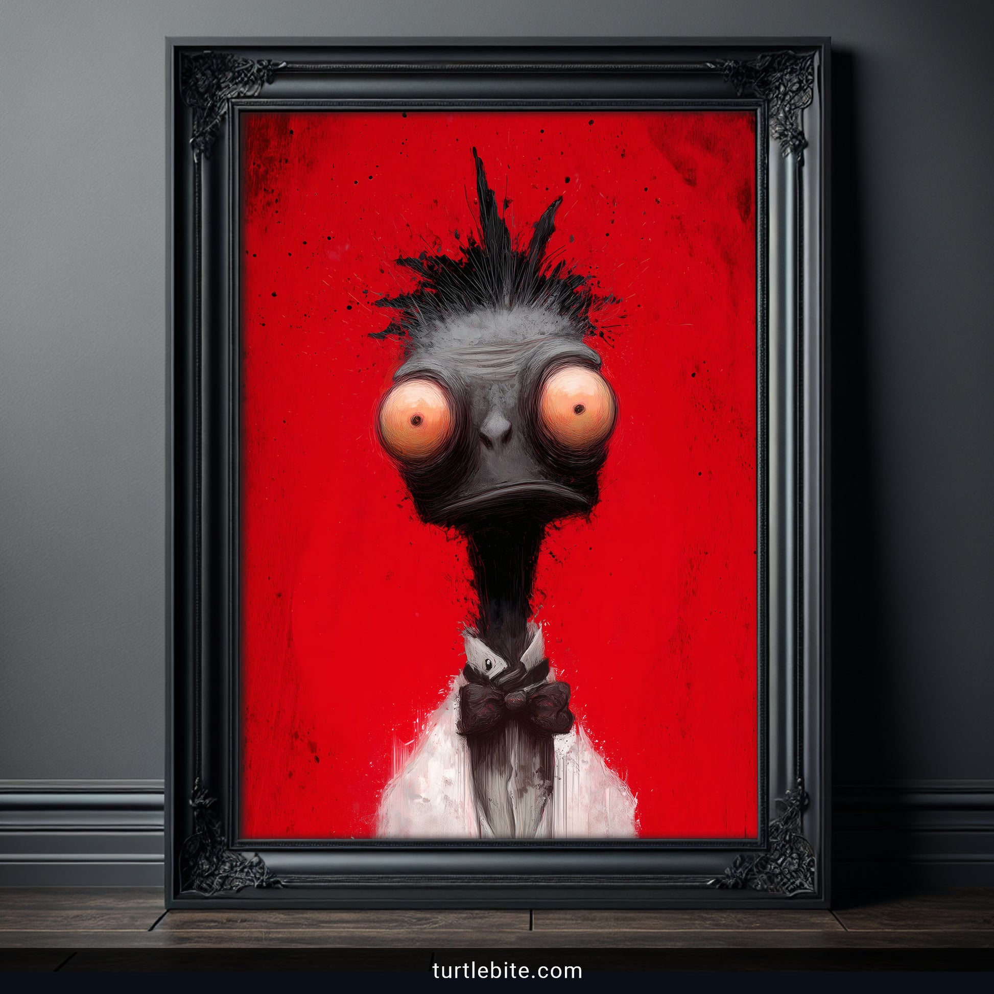 Bizarre animal portrait combining elegant formal attire with unsettling surreal horror elements