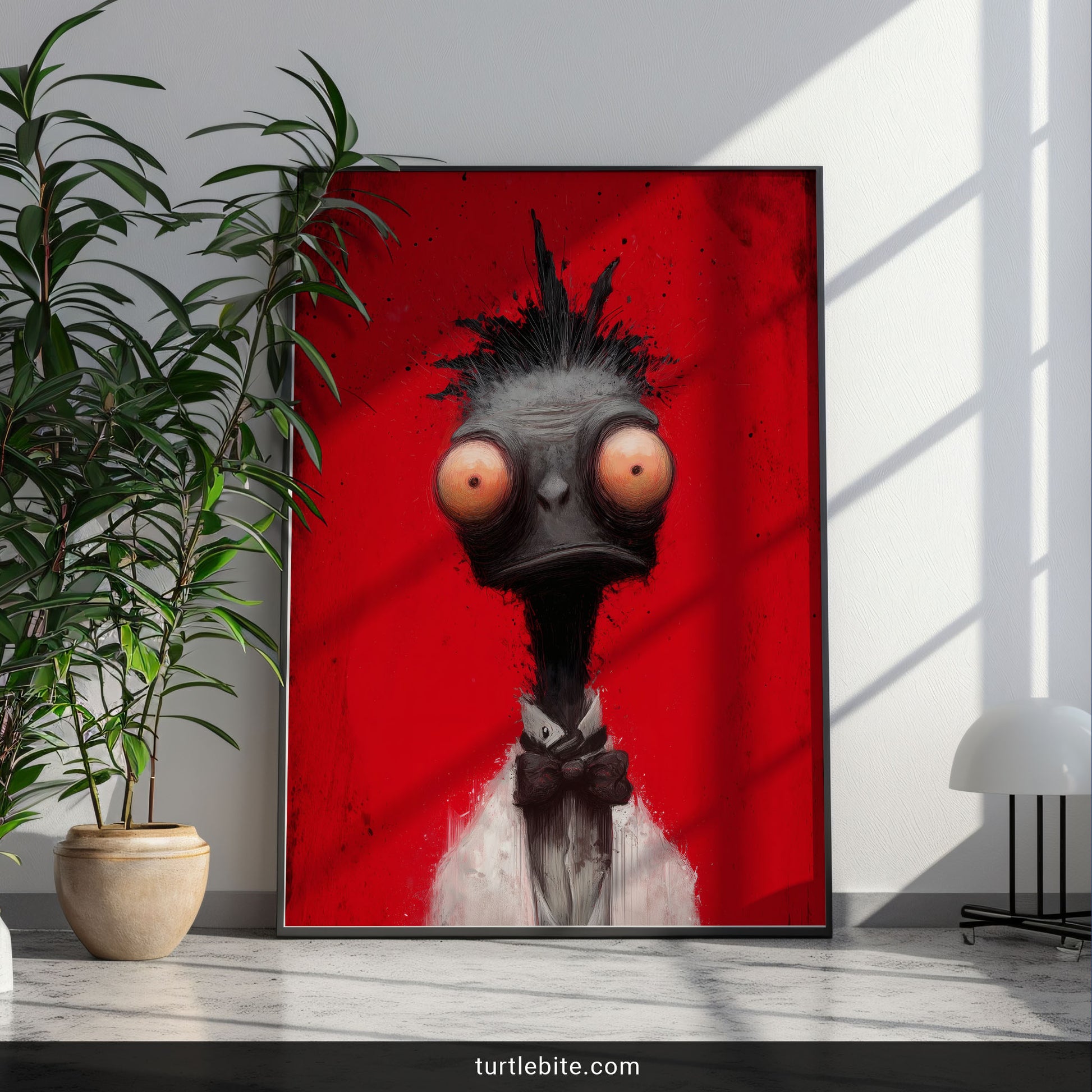 Creepy cute ostrich wall art with gothic horror aesthetic and vintage formal wear