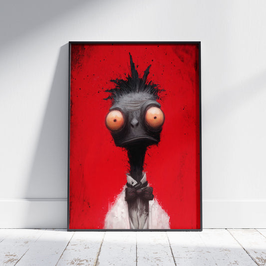 Gothic ostrich character with orange bulging eyes wearing bow tie against red splattered background
