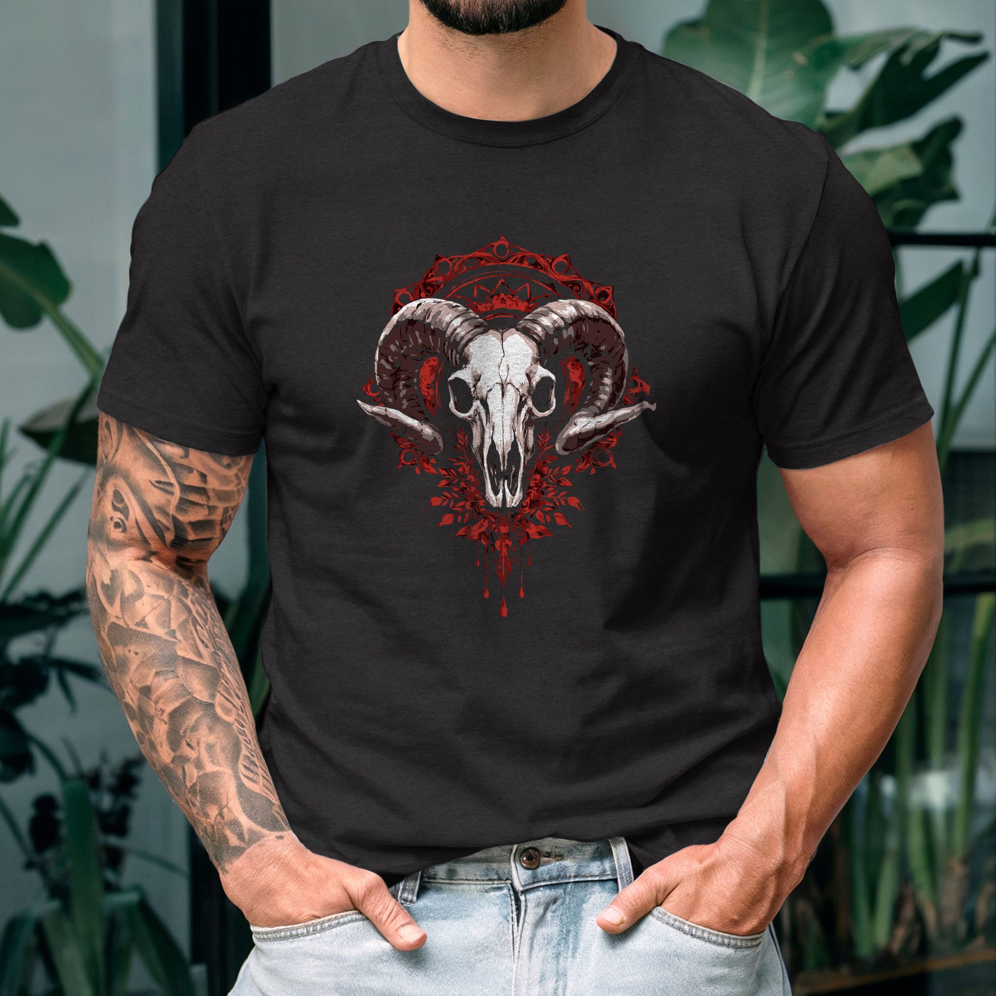 Gothic ram skull t-shirt with red baroque ornamental design on black fabric, memento mori occult fashion