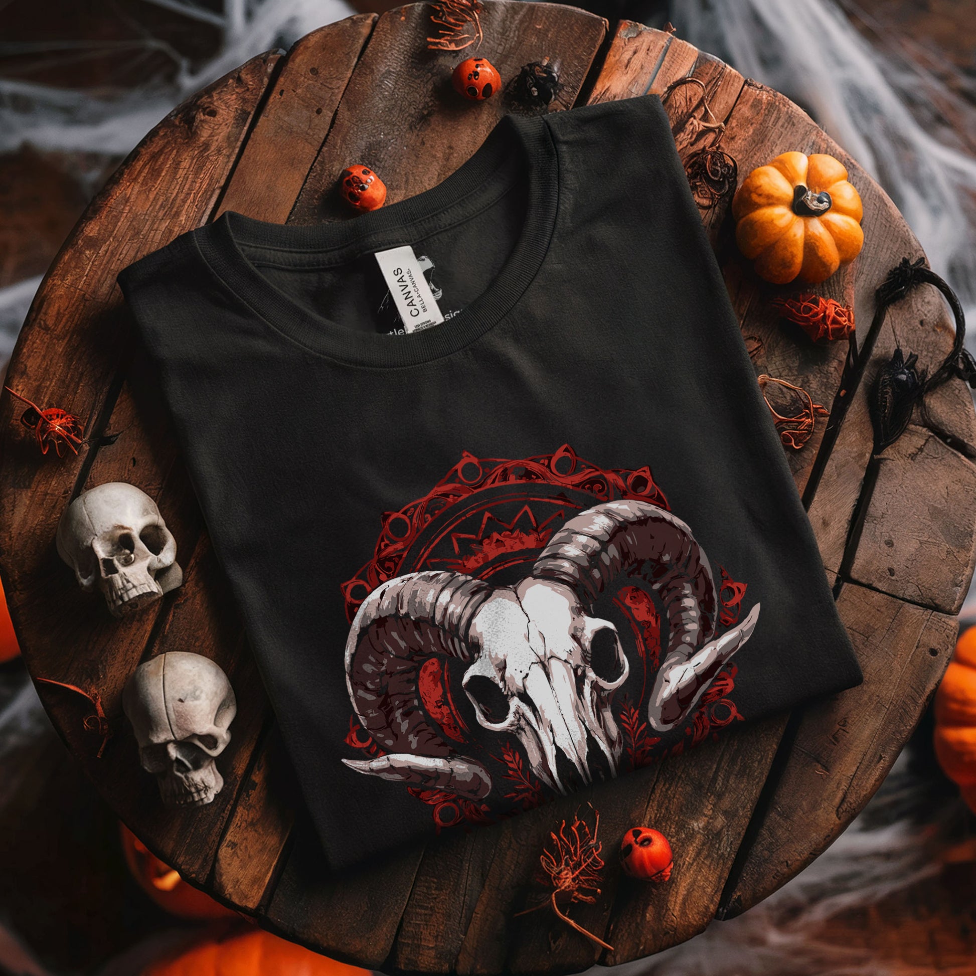 Baroque style ram skull t-shirt design with symmetrical occult motifs, dark art wearable fashion