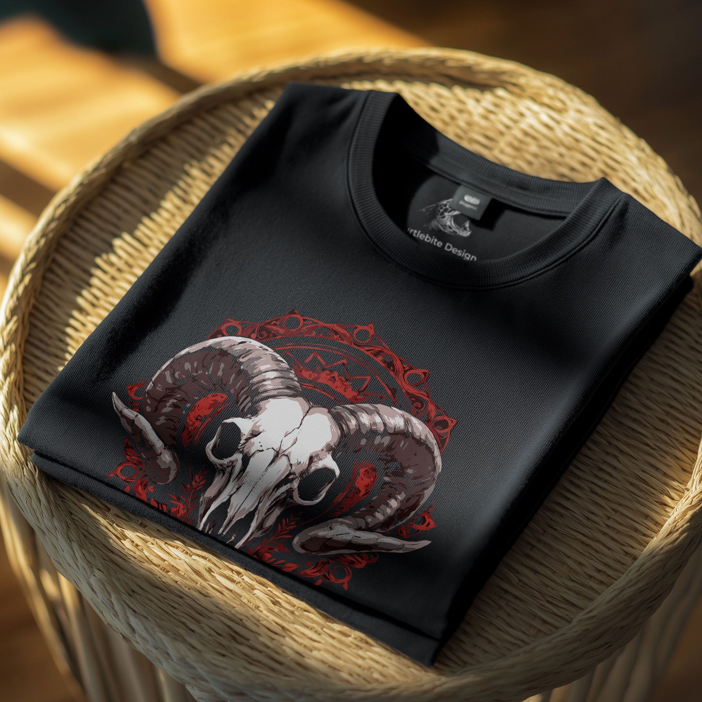 Memento mori ram skull tee with victorian ornamental framework, gothic home decor inspired clothing