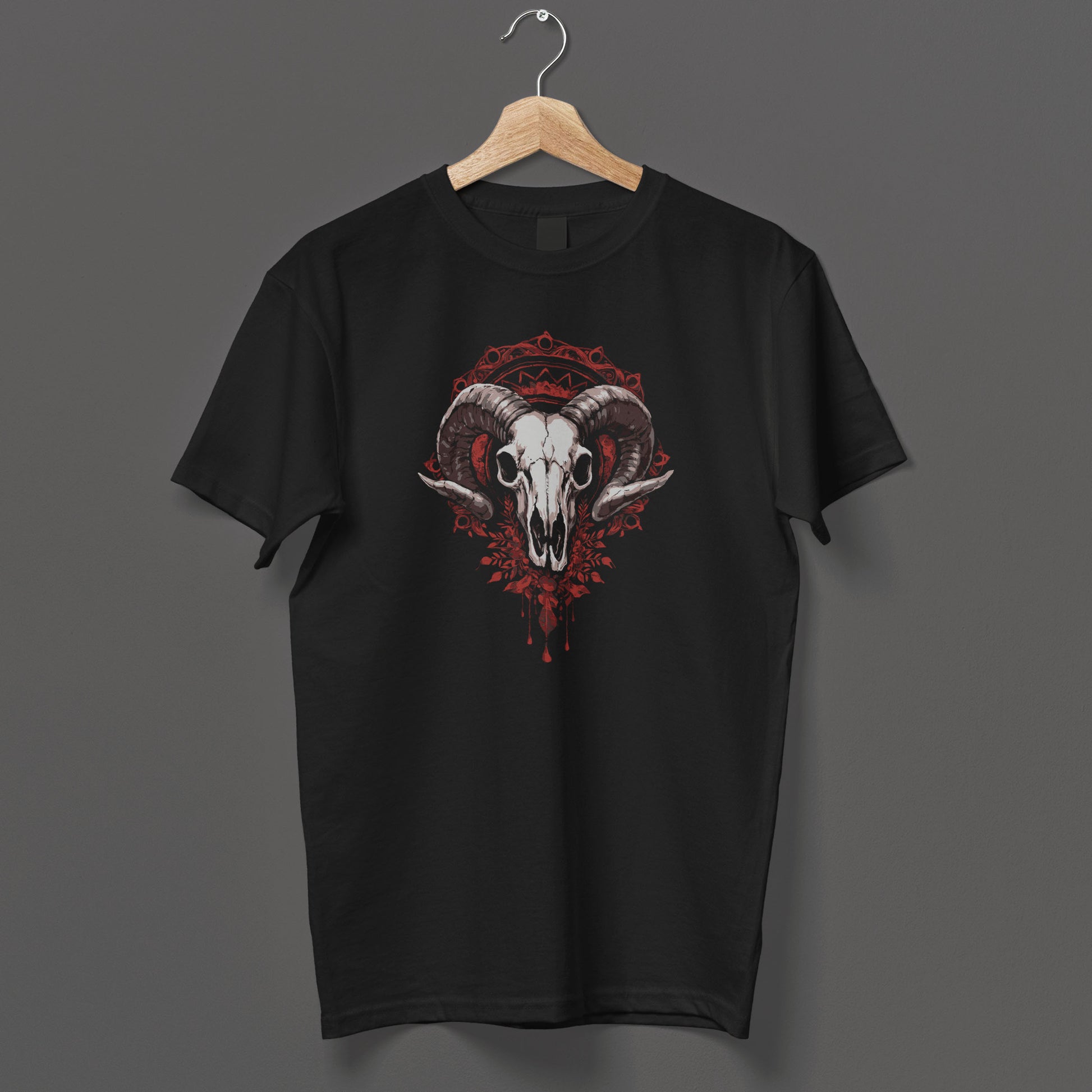 Memento mori ram skull tee with victorian ornamental framework, gothic home decor inspired clothing