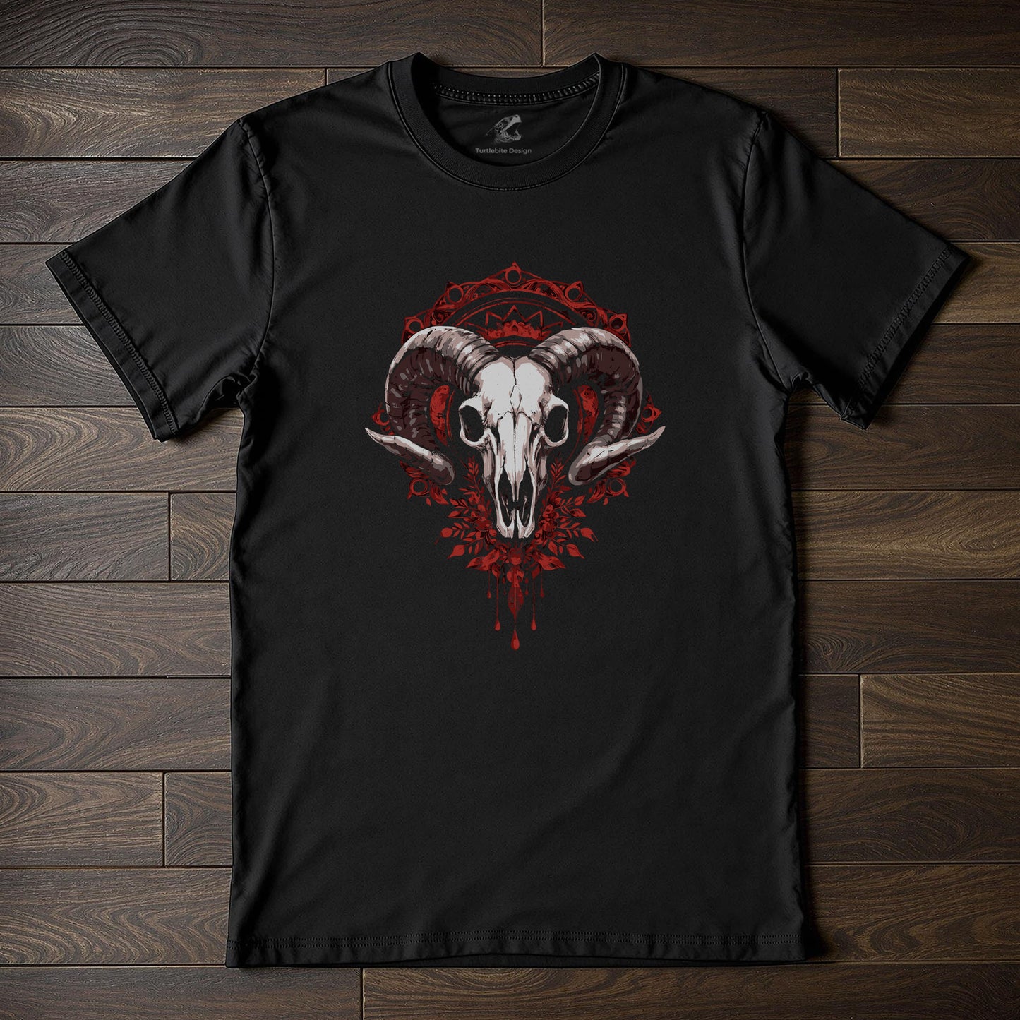 Gothic ram skull t-shirt with red baroque ornamental design on black fabric, memento mori occult fashion