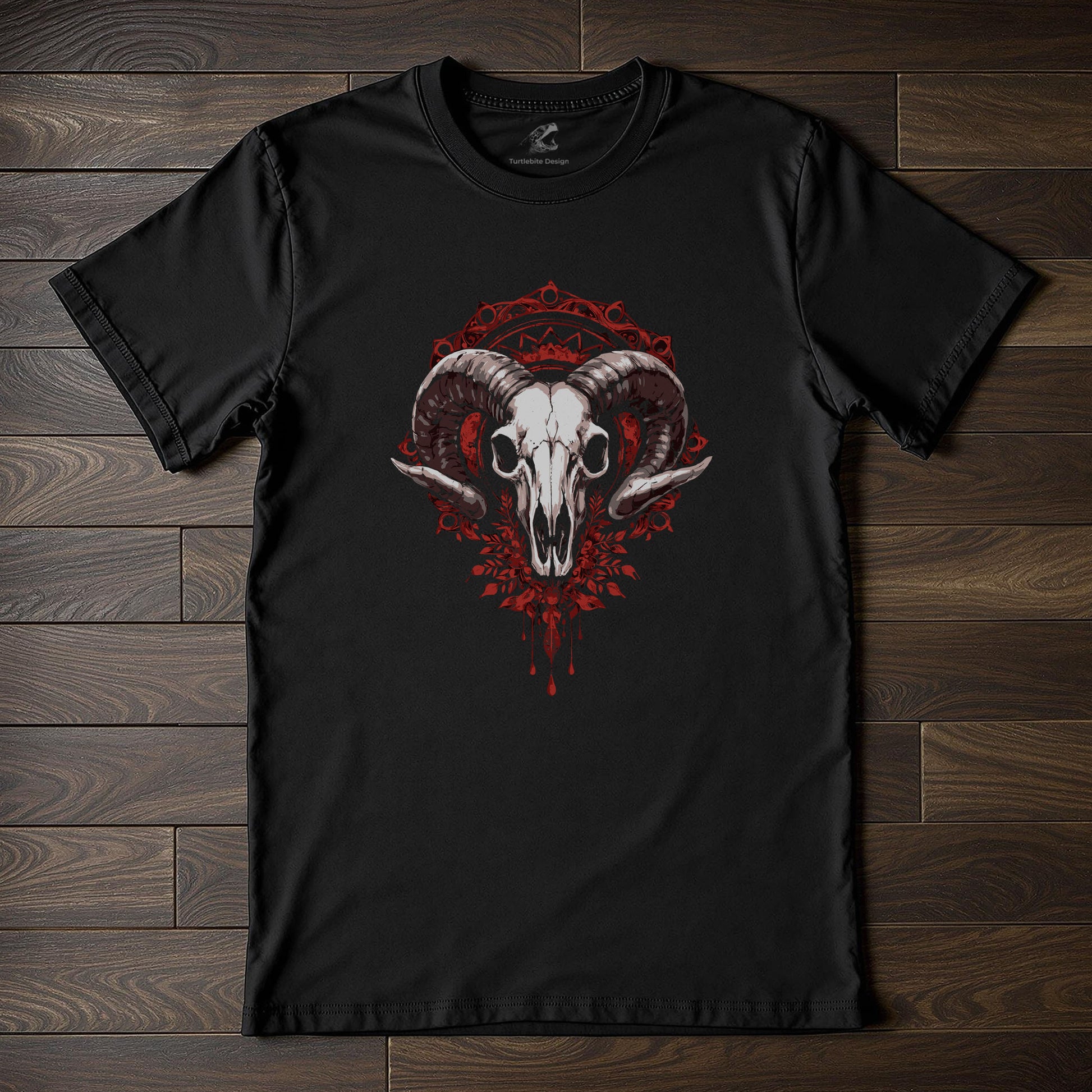 Gothic ram skull t-shirt with red baroque ornamental design on black fabric, memento mori occult fashion