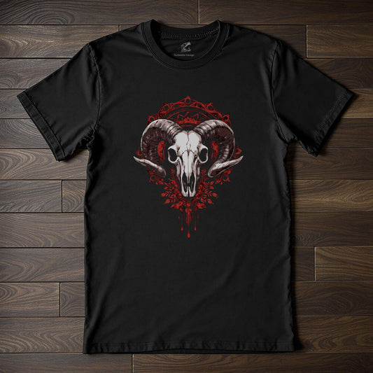Gothic ram skull t-shirt with red baroque ornamental design on black fabric, memento mori occult fashion