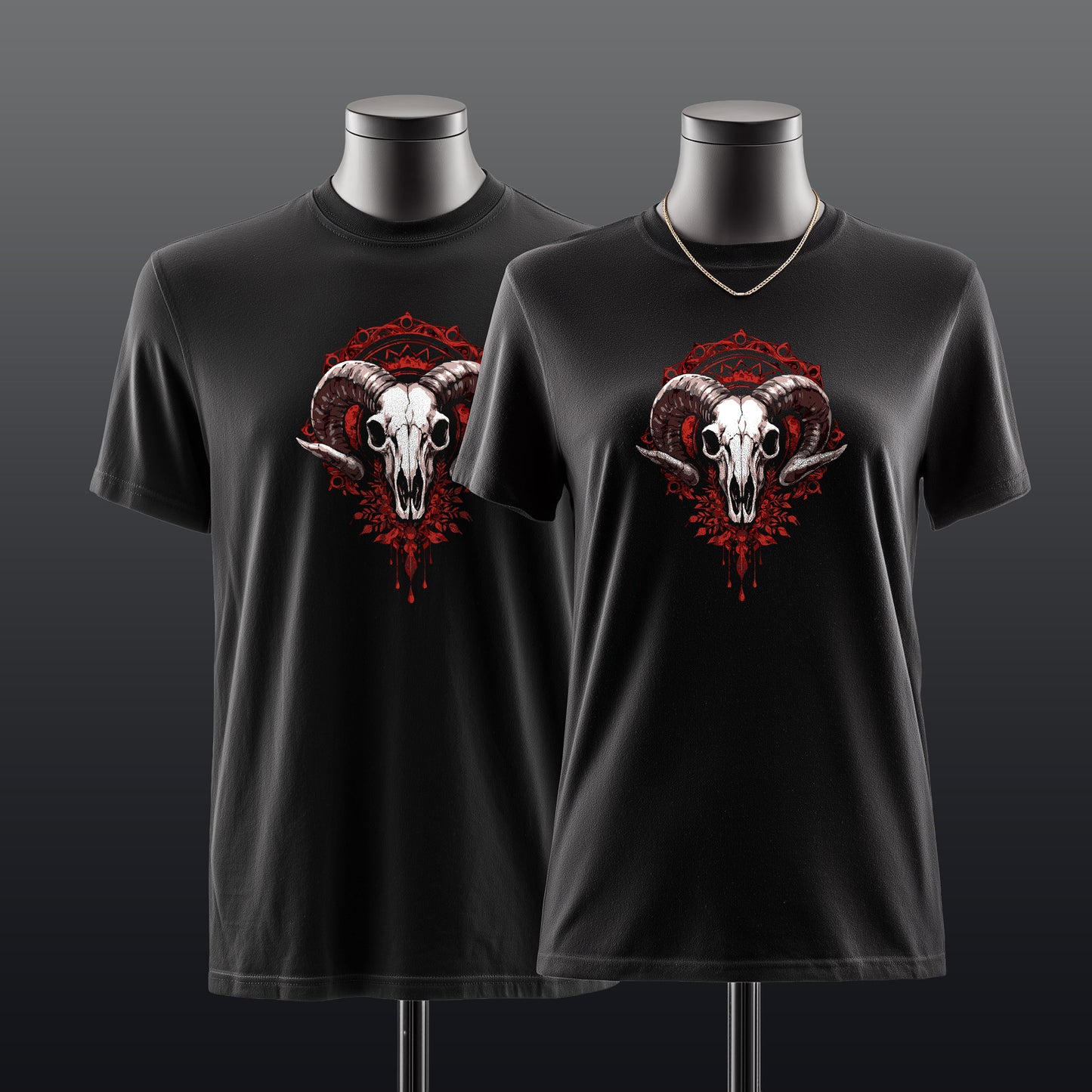 Dark art ram skull tee featuring intricate floral mandala pattern, macabre alternative clothing