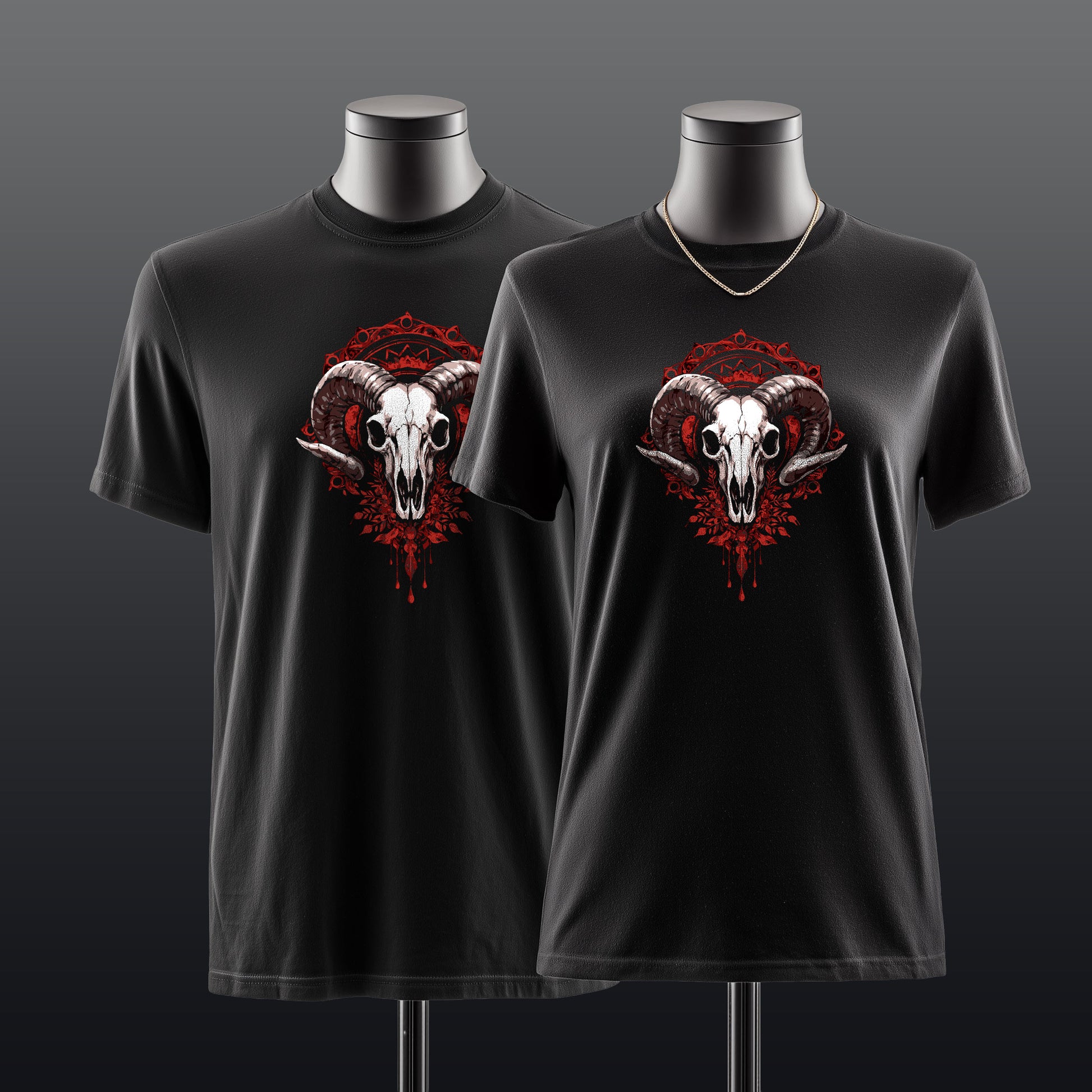Dark art ram skull tee featuring intricate floral mandala pattern, macabre alternative clothing