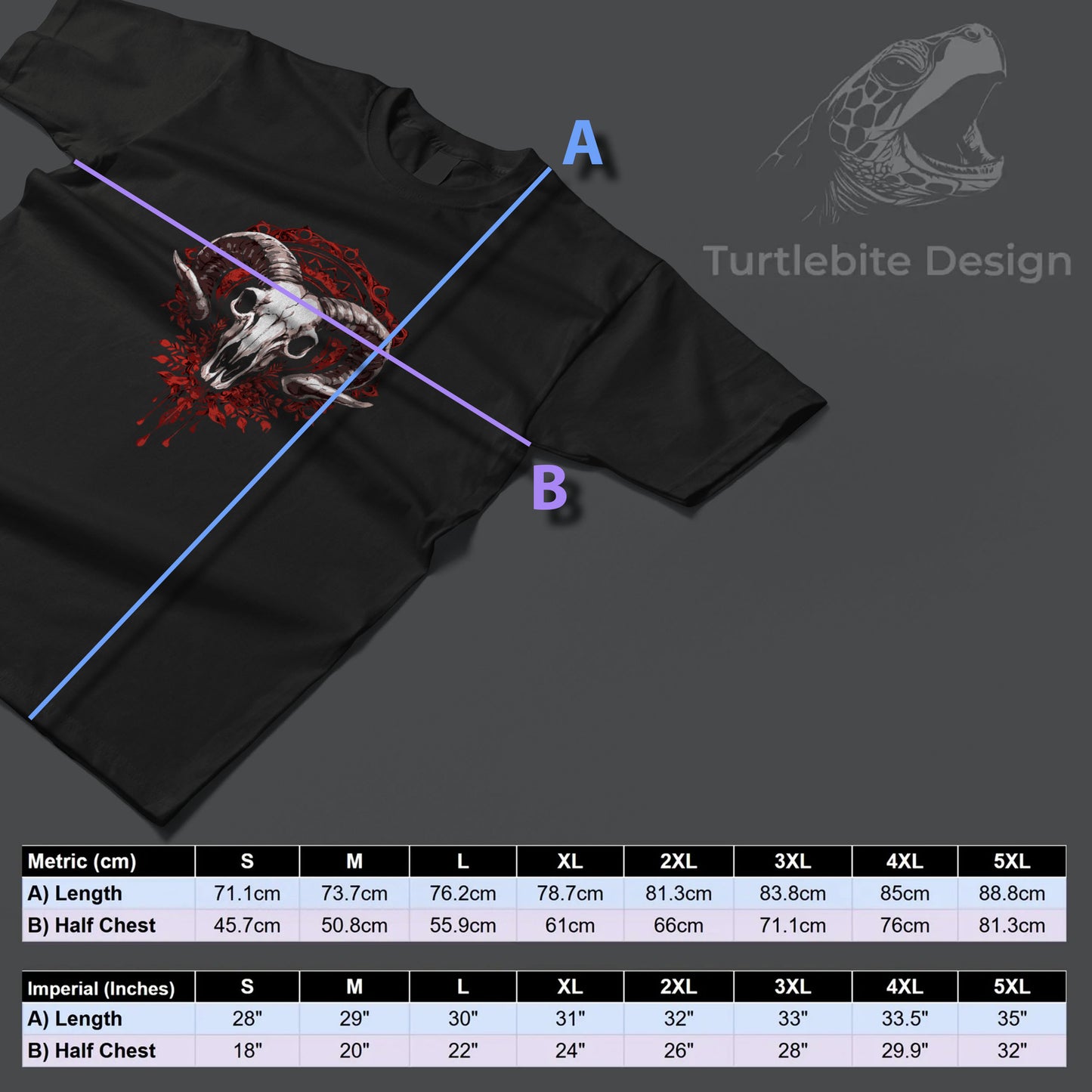 Baroque style ram skull t-shirt design with symmetrical occult motifs, dark art wearable fashion