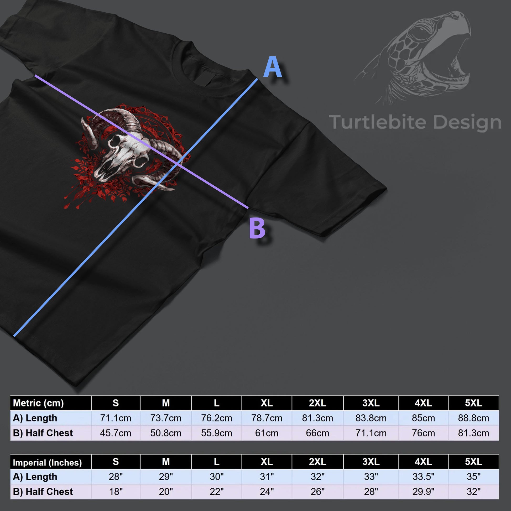 Baroque style ram skull t-shirt design with symmetrical occult motifs, dark art wearable fashion