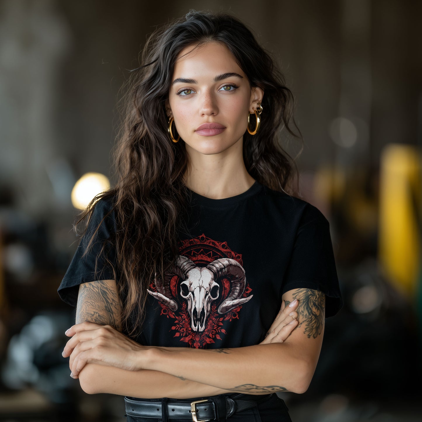Vintage inspired gothic ram skull shirt with ornate red botanical details, witchcraft aesthetic apparel