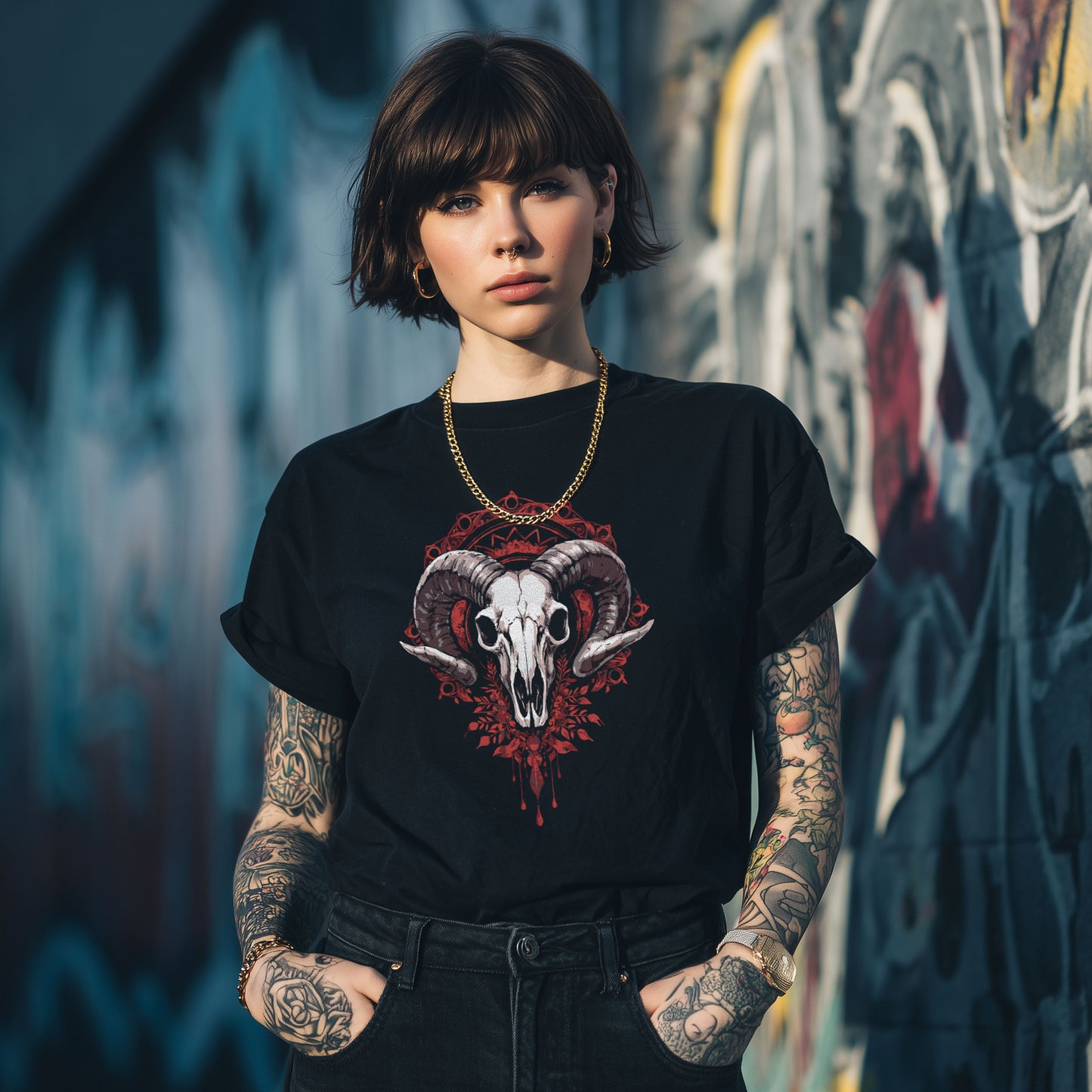 Dark art ram skull tee featuring intricate floral mandala pattern, macabre alternative clothing