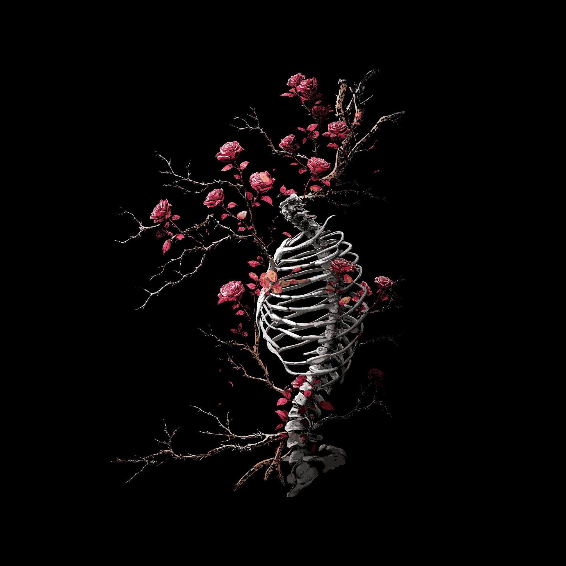 Gothic ribcage t-shirt with thorny red roses growing through bone structure
