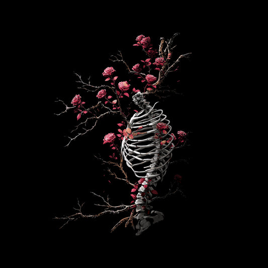 Gothic ribcage t-shirt with thorny red roses growing through bone structure