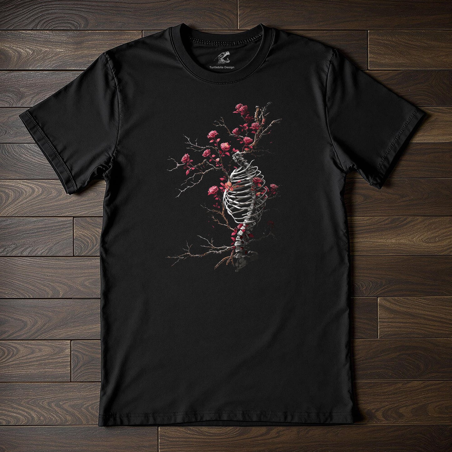 Gothic ribcage t-shirt with thorny red roses growing through bone structure on black fabric