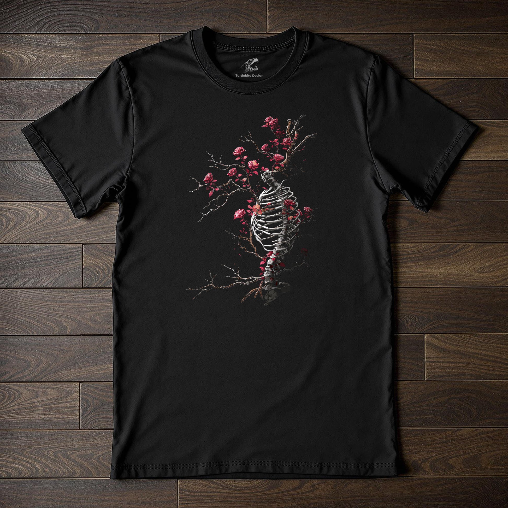 Gothic ribcage t-shirt with thorny red roses growing through bone structure on black fabric
