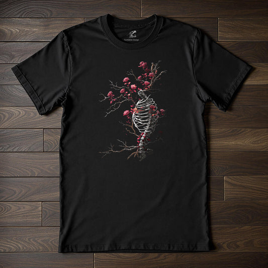 Gothic ribcage t-shirt with thorny red roses growing through bone structure on black fabric