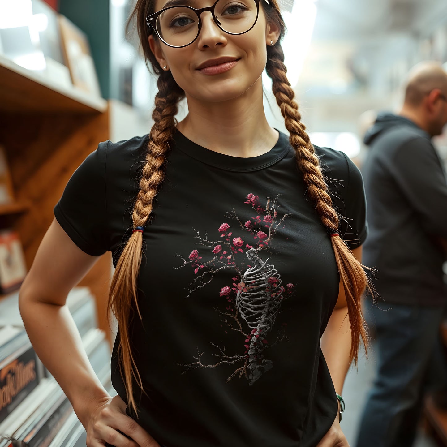 Gothic ribcage t-shirt with thorny red roses growing through bone structure on black fabric