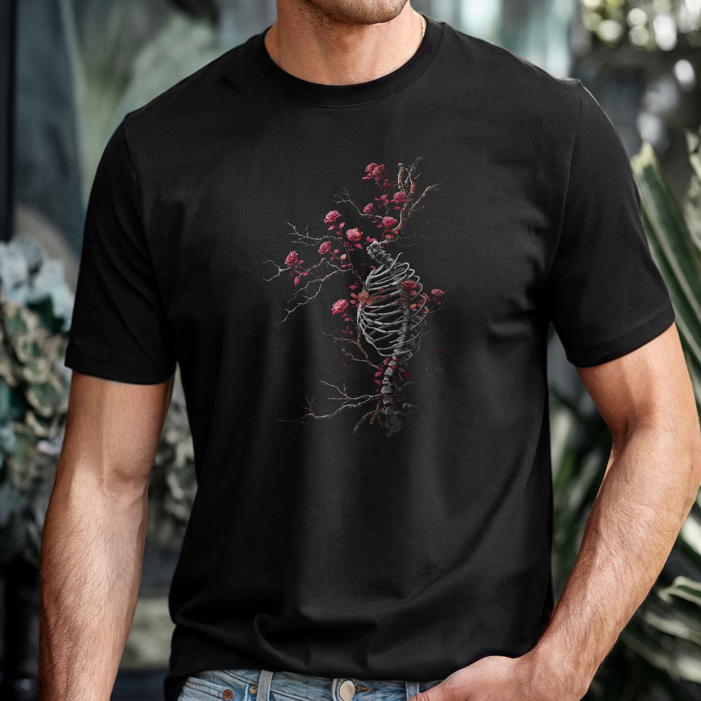 Alternative gothic fashion shirt displaying macabre bone art with romantic rose elements
