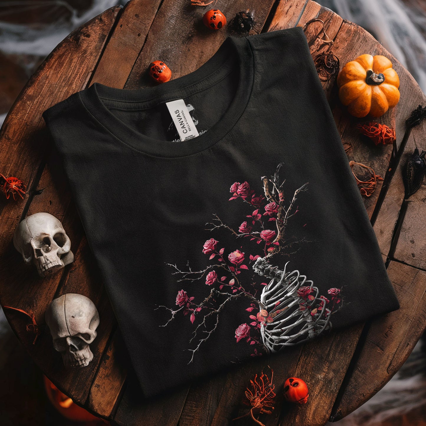 Black gothic apparel with intricate ribcage and thorn illustration for dark aesthetic lovers