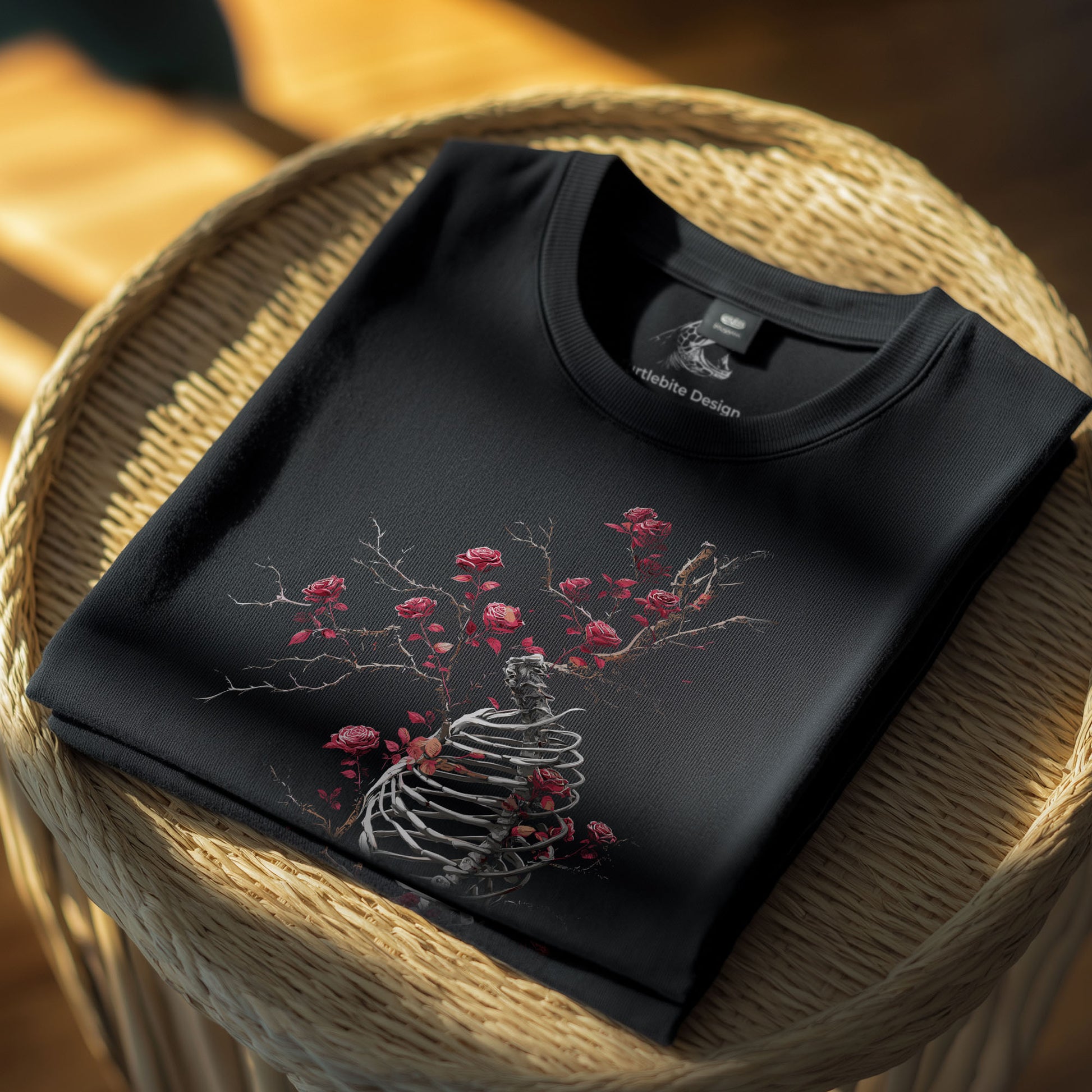 Dark anatomy art tee featuring detailed skeleton ribcage design with crimson rose branches