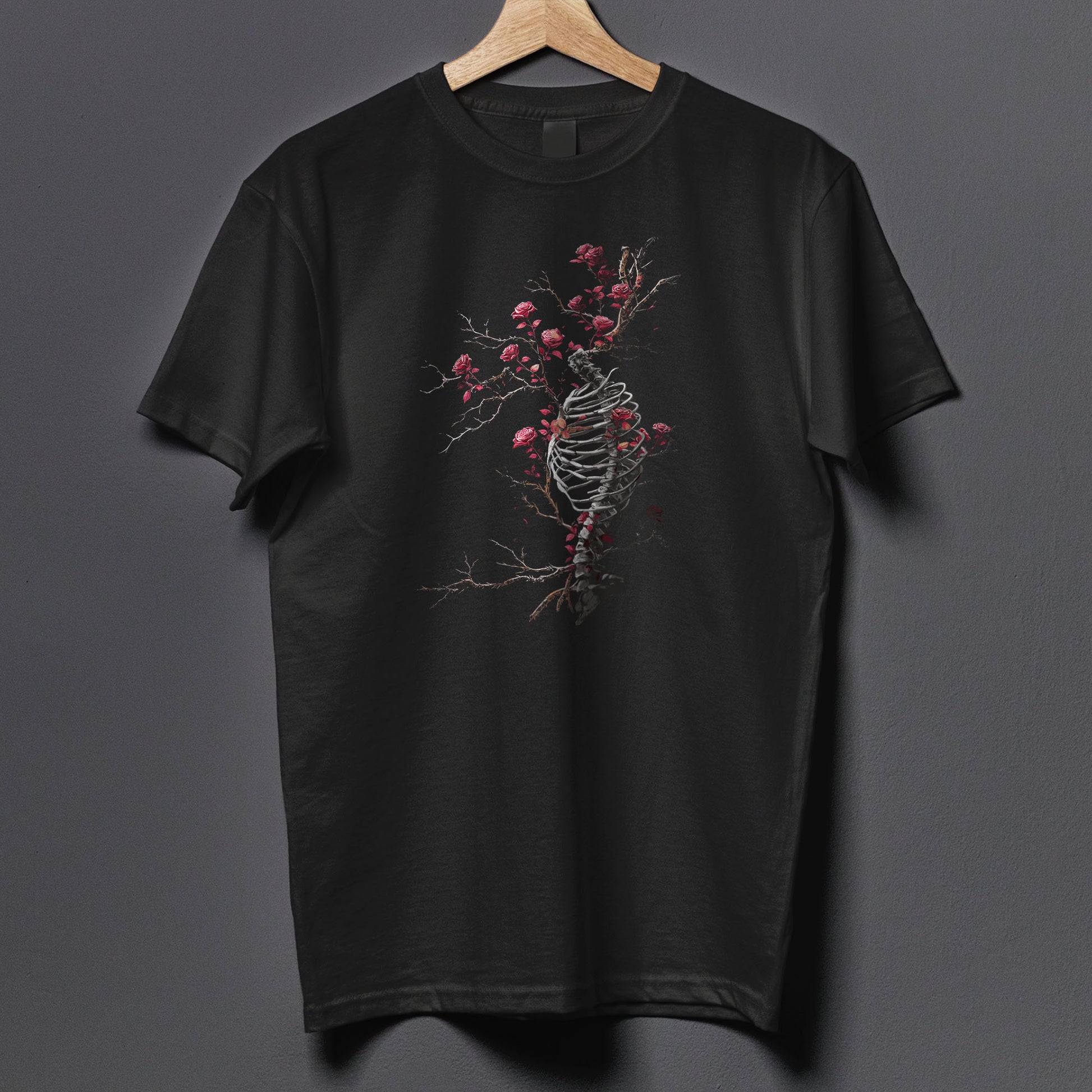 Black gothic apparel with intricate ribcage and thorn illustration for dark aesthetic lovers