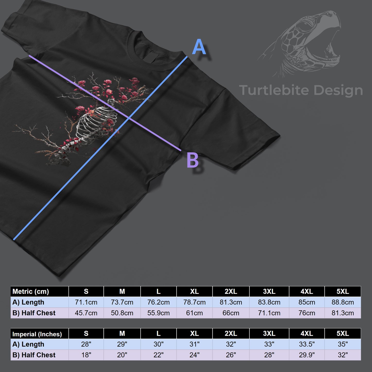 Skeleton art t-shirt showcasing gothic ribcage design intertwined with blooming roses