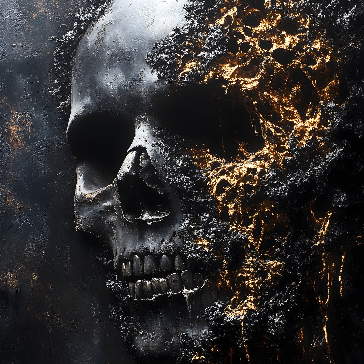 Gothic skull art print with molten gold and dark textured background, macabre wall decor
