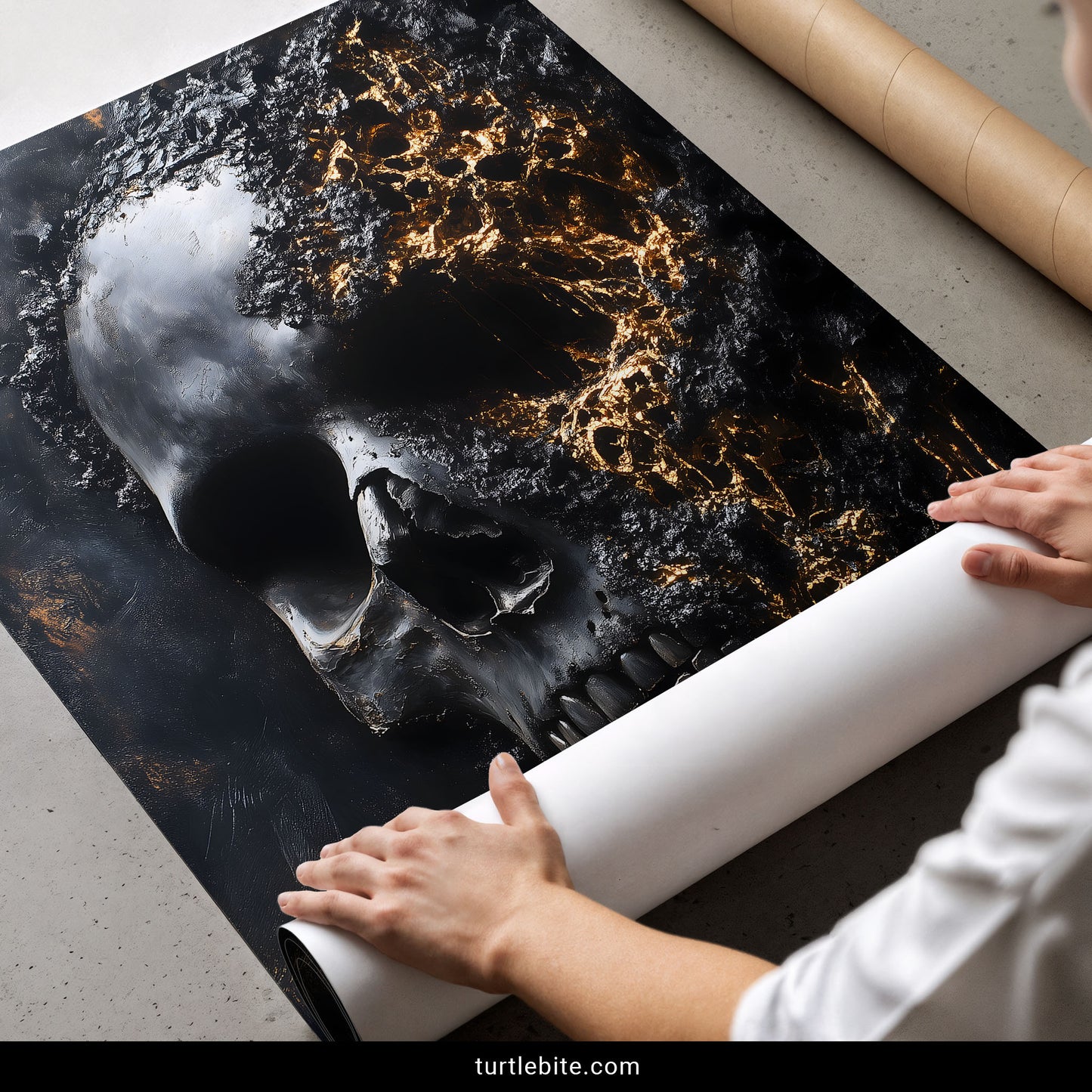 Black and gold skull artwork poster for dark aesthetic bedroom or living room decor
