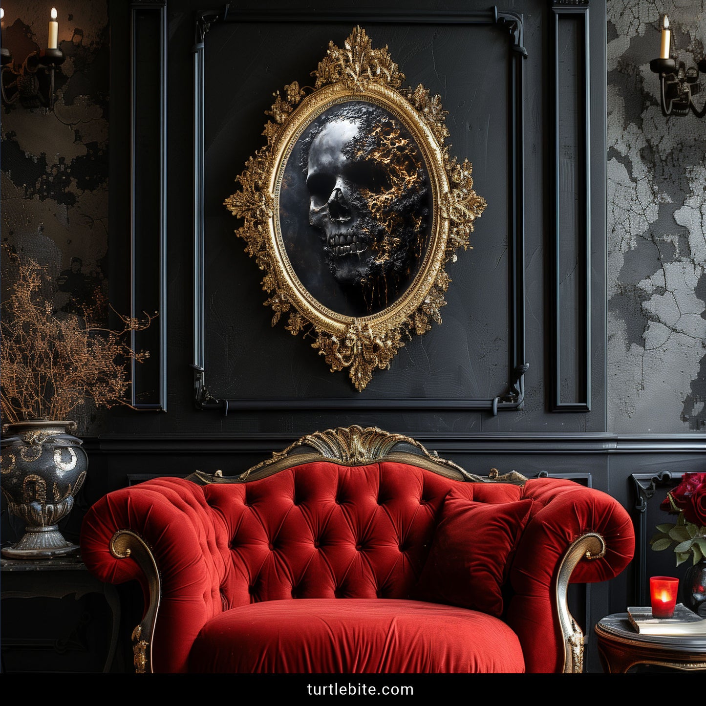 Dark skull painting poster showing grey skull dissolving into dripping gold on black volcanic surface