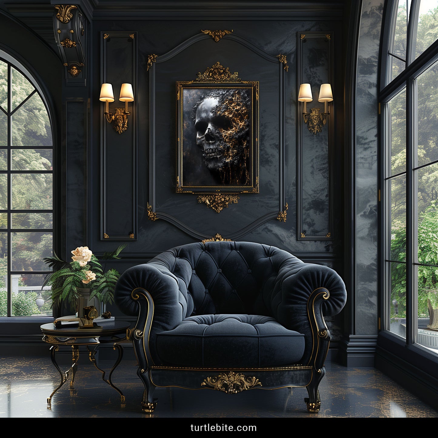 Black and gold skull artwork poster for dark aesthetic bedroom or living room decor