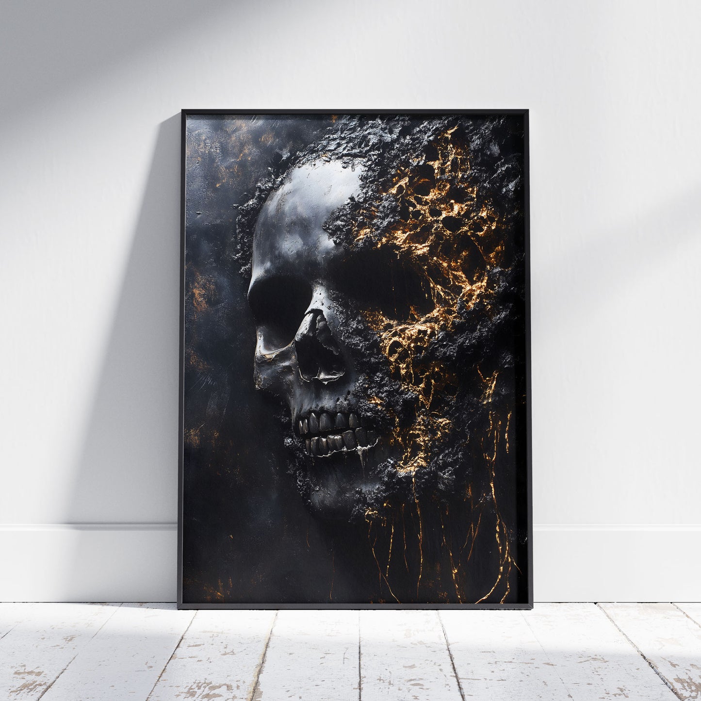 Gothic skull art print with molten gold and dark textured background, macabre wall decor