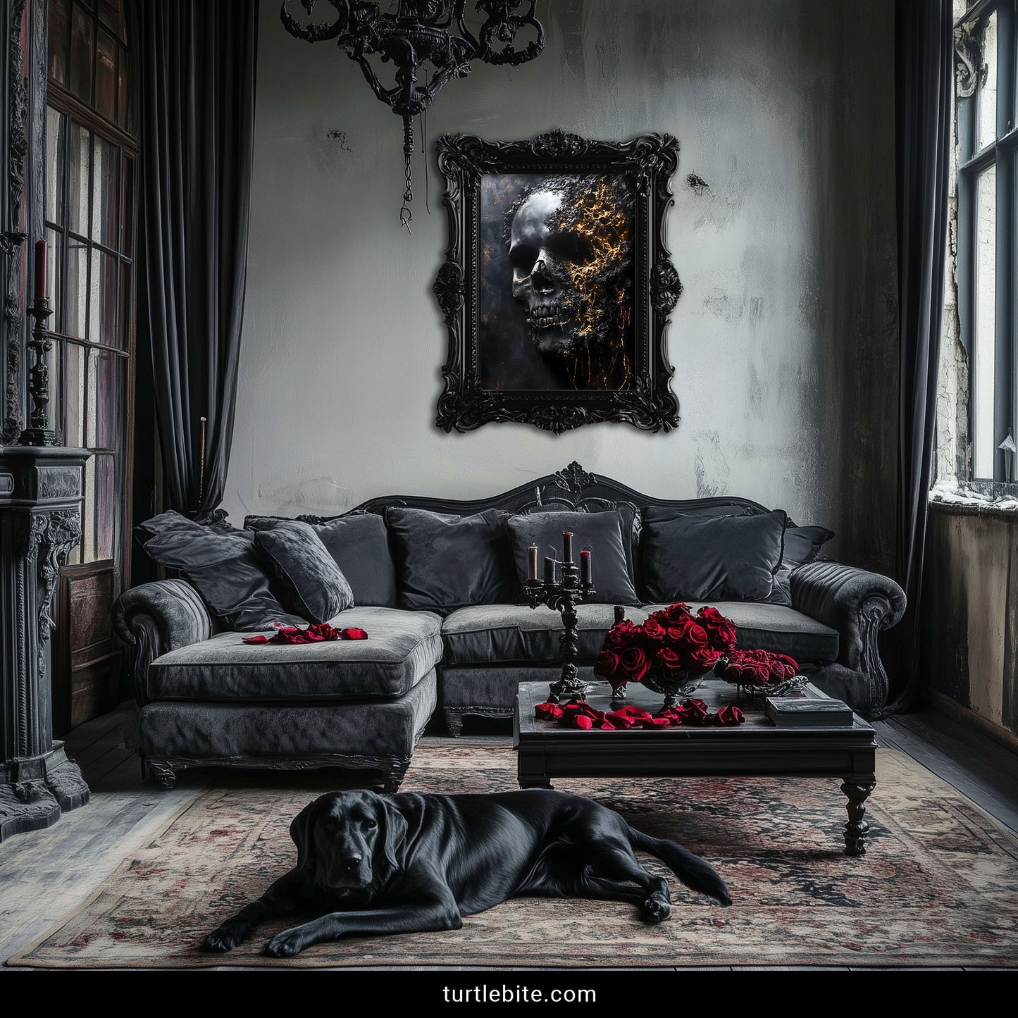 Black and gold skull artwork poster for dark aesthetic bedroom or living room decor