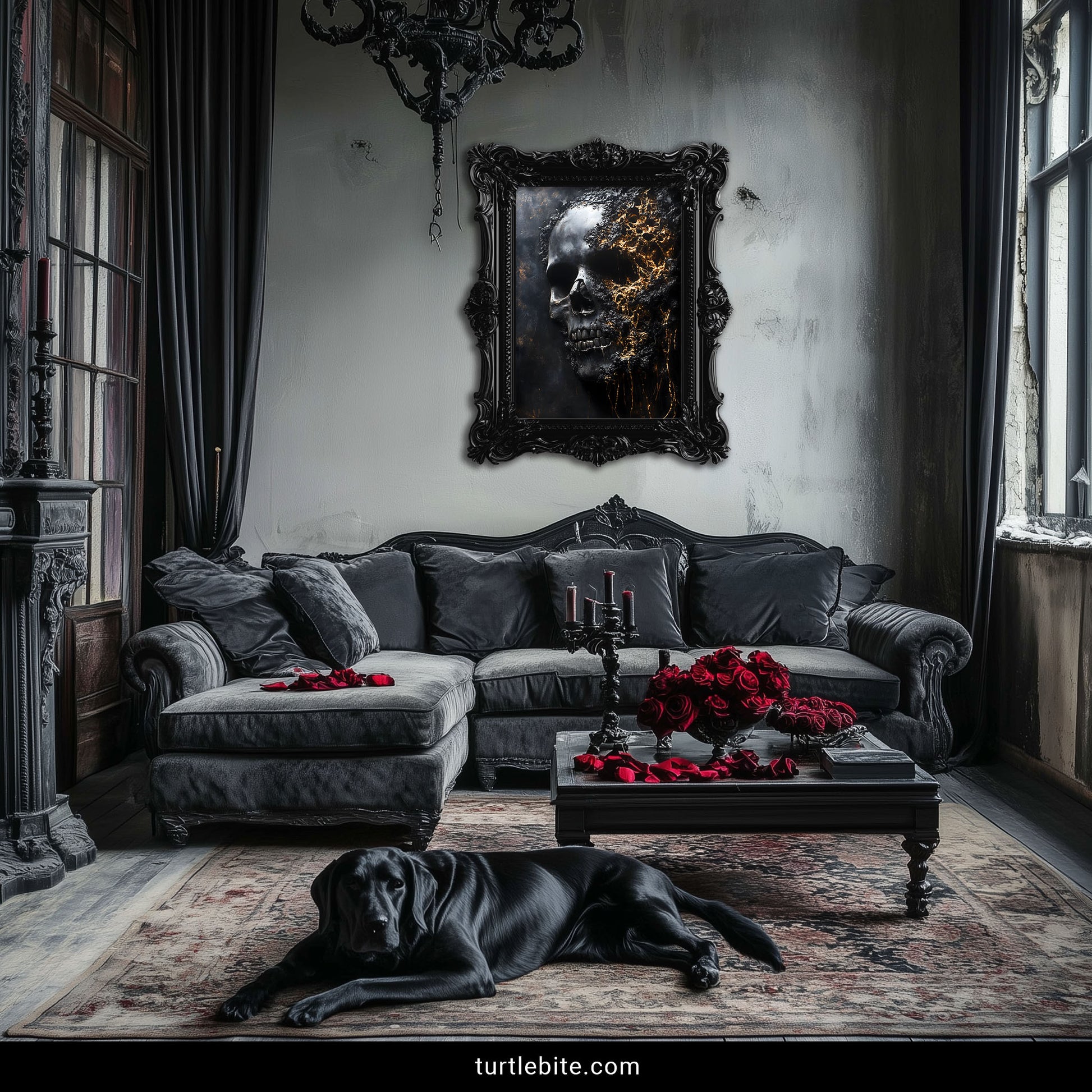 Black and gold skull artwork poster for dark aesthetic bedroom or living room decor