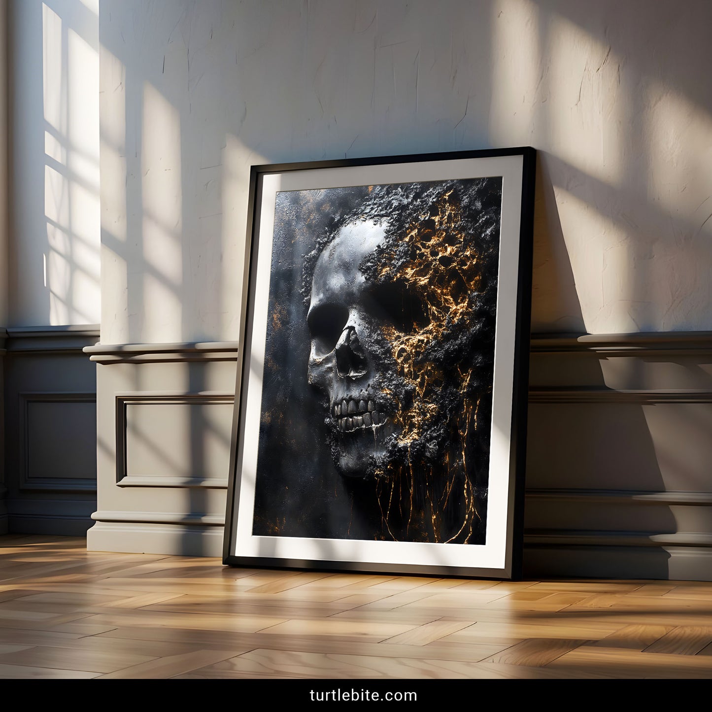 Horror skull painting art print with gold lava texture, gothic dark art wall poster