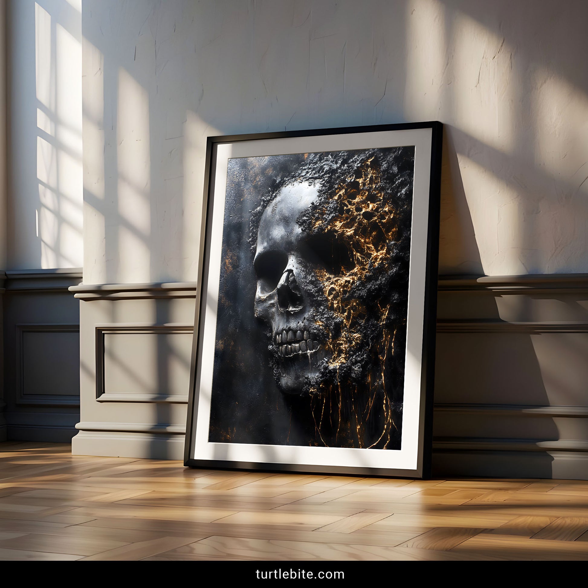 Horror skull painting art print with gold lava texture, gothic dark art wall poster