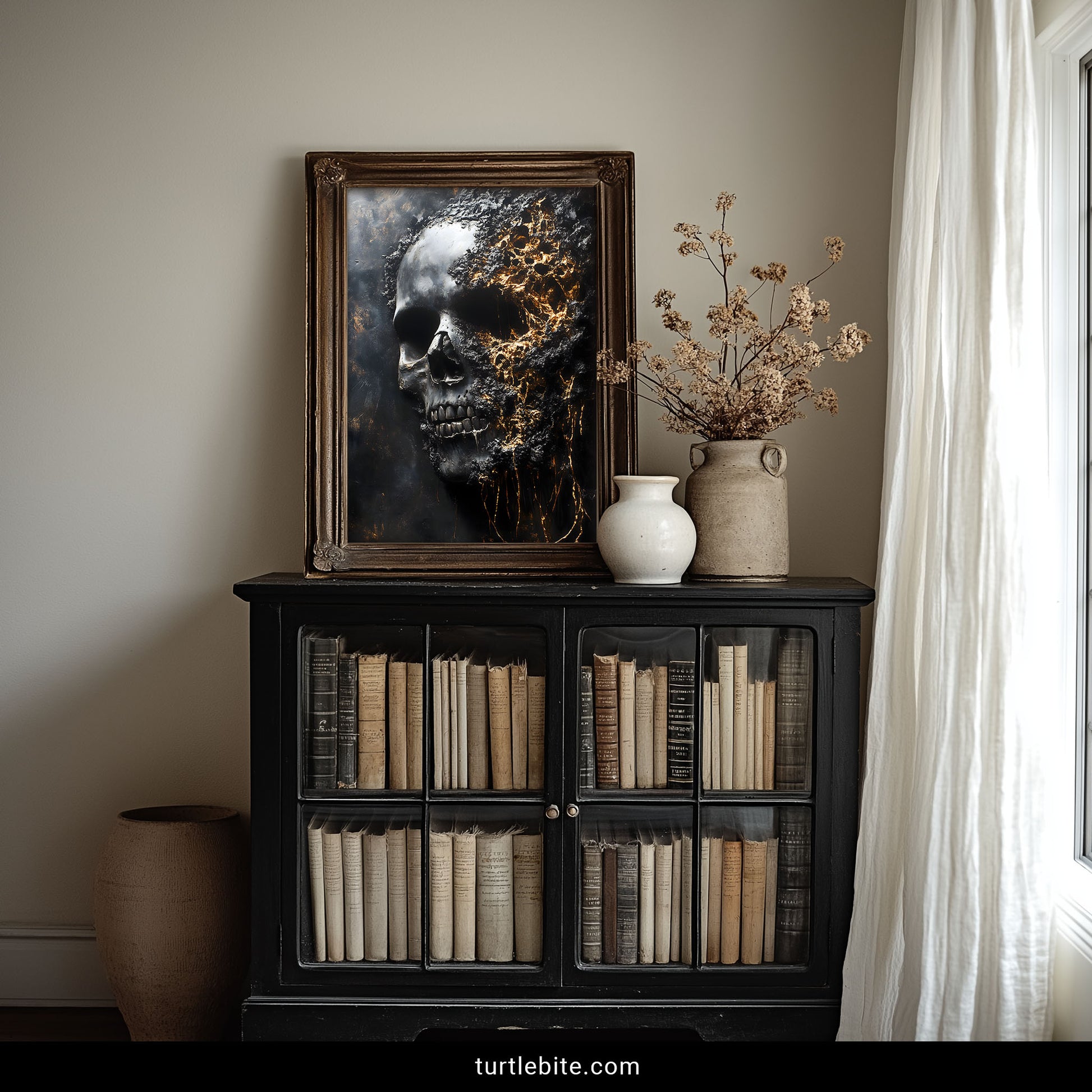 Horror skull painting art print with gold lava texture, gothic dark art wall poster