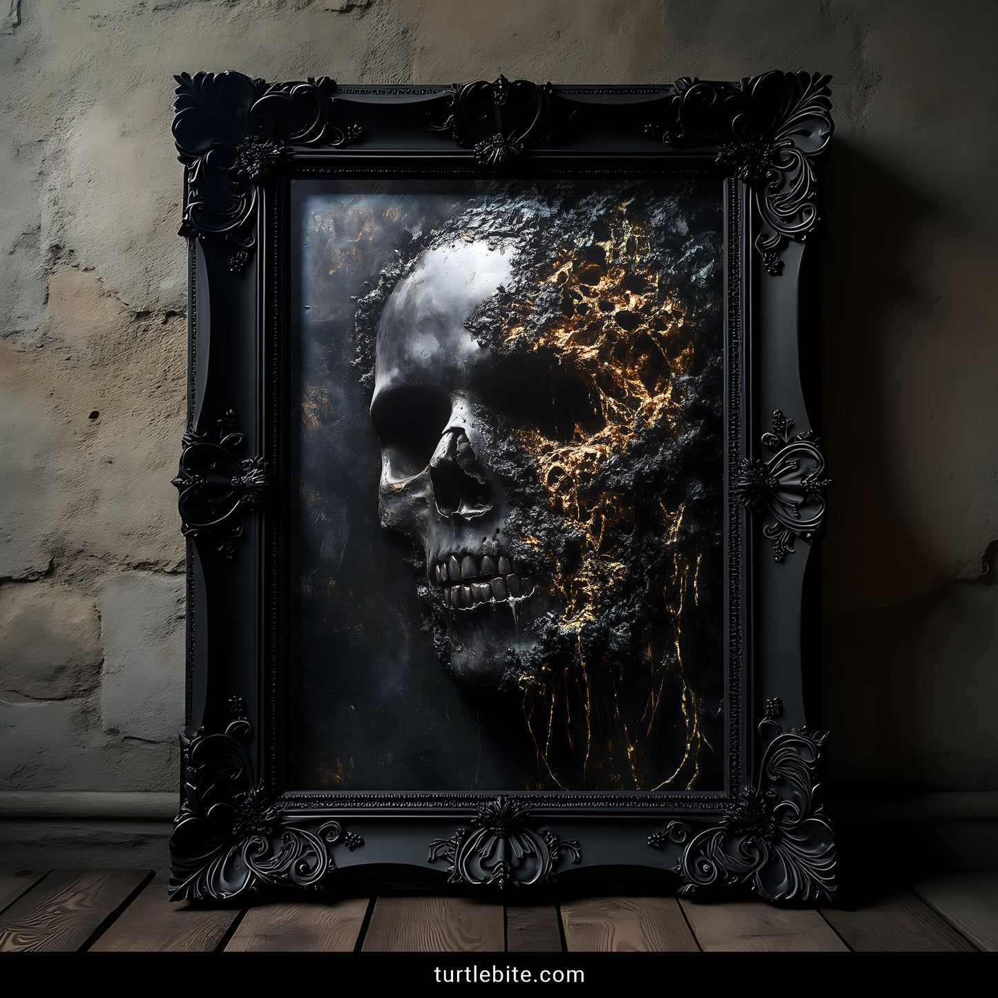 Dark skull painting poster showing grey skull dissolving into dripping gold on black volcanic surface