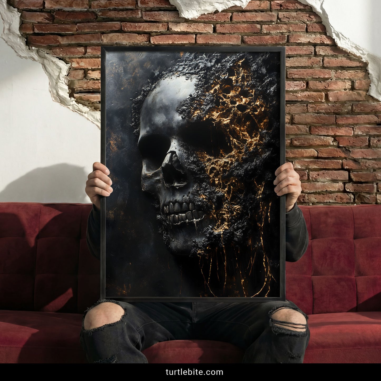 Memento mori skull wall art with gold and black contrast, gothic home decor print