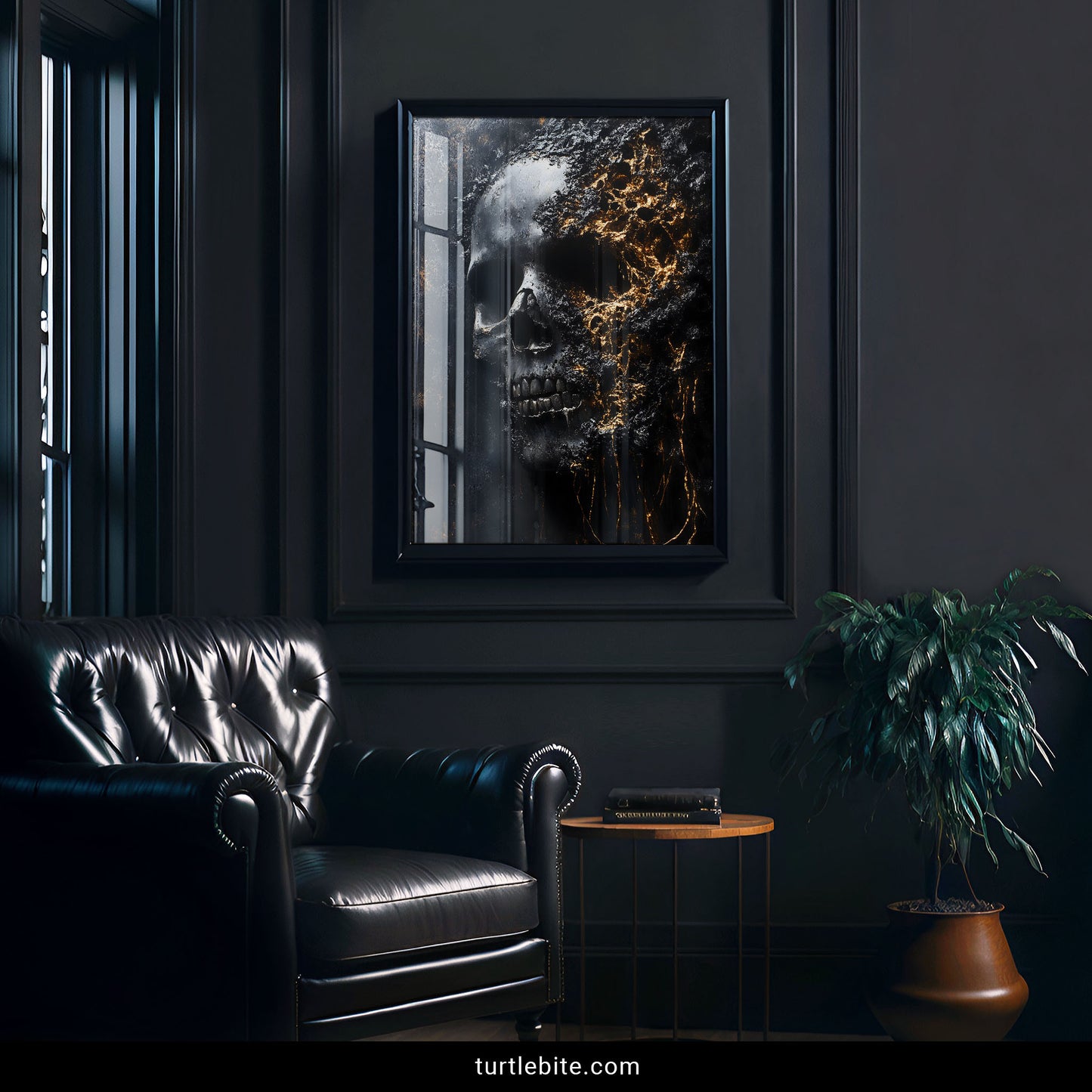 Memento mori skull wall art with gold and black contrast, gothic home decor print